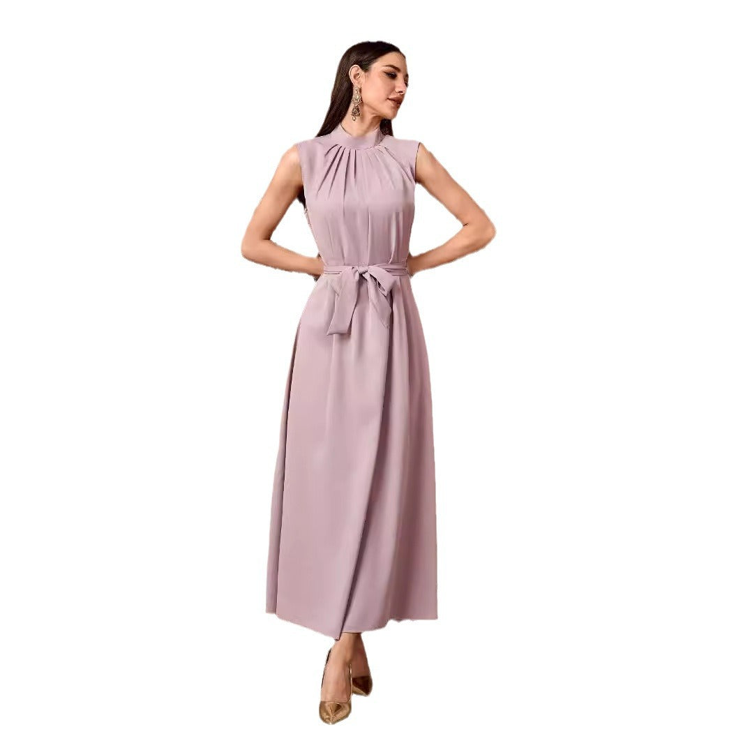 Black Pink Brick Red Sleeveless High Neck Belted Long Maxi Dress Modest Muslim Inner Abaya