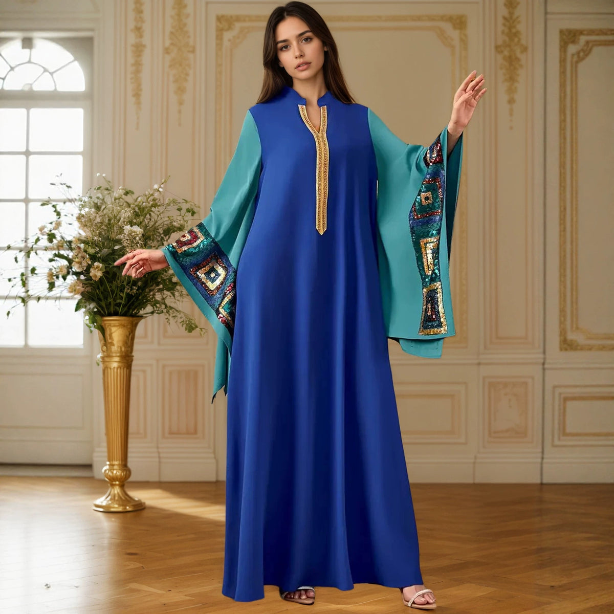 Blue Color Block Sequin Embroidered Stand Collar Gown Long Maxi Dress Modest Muslim Banquet