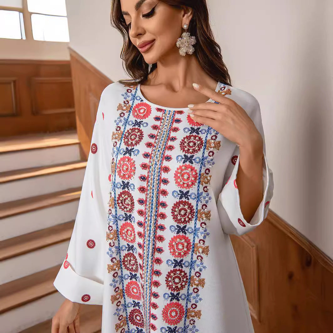 Elegant Red Printed Gold Foil Beaded Maxi Abaya Jalabiya Modest Long Robe for Muslim Women Eid Ramadan Daily Wear Loose Floor Length Dress S-XXL