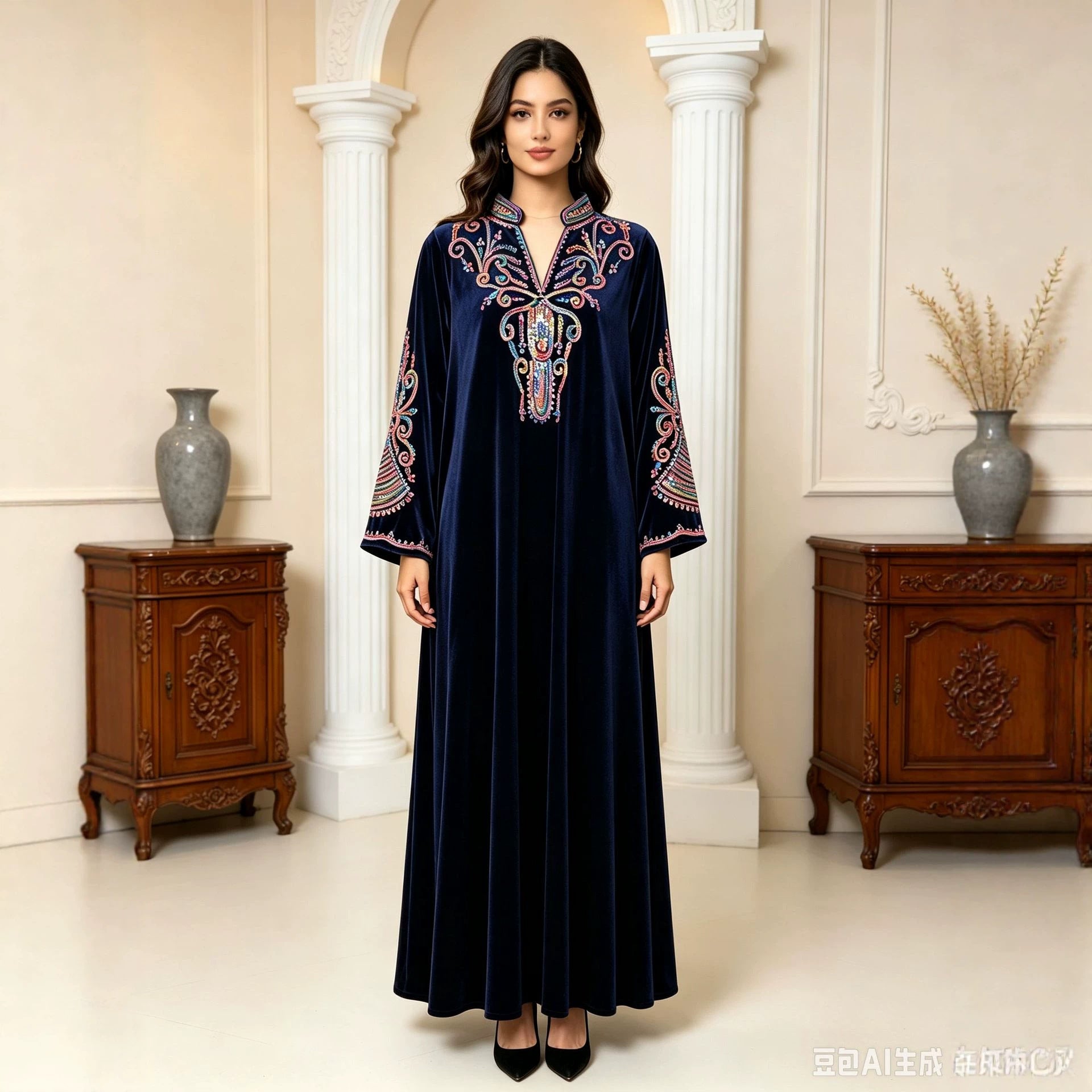 Two Color Embroidered Rhinestone Applique Stand Collar Maxi Dress