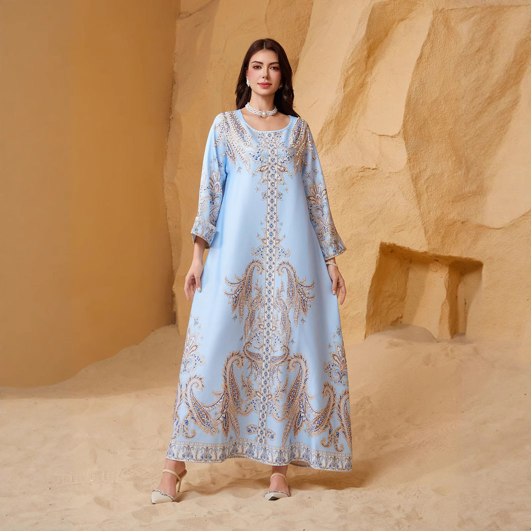 Stylish Light Blue Yellow Beaded Kaftan Abaya Maxi Dress Eid Ramadan