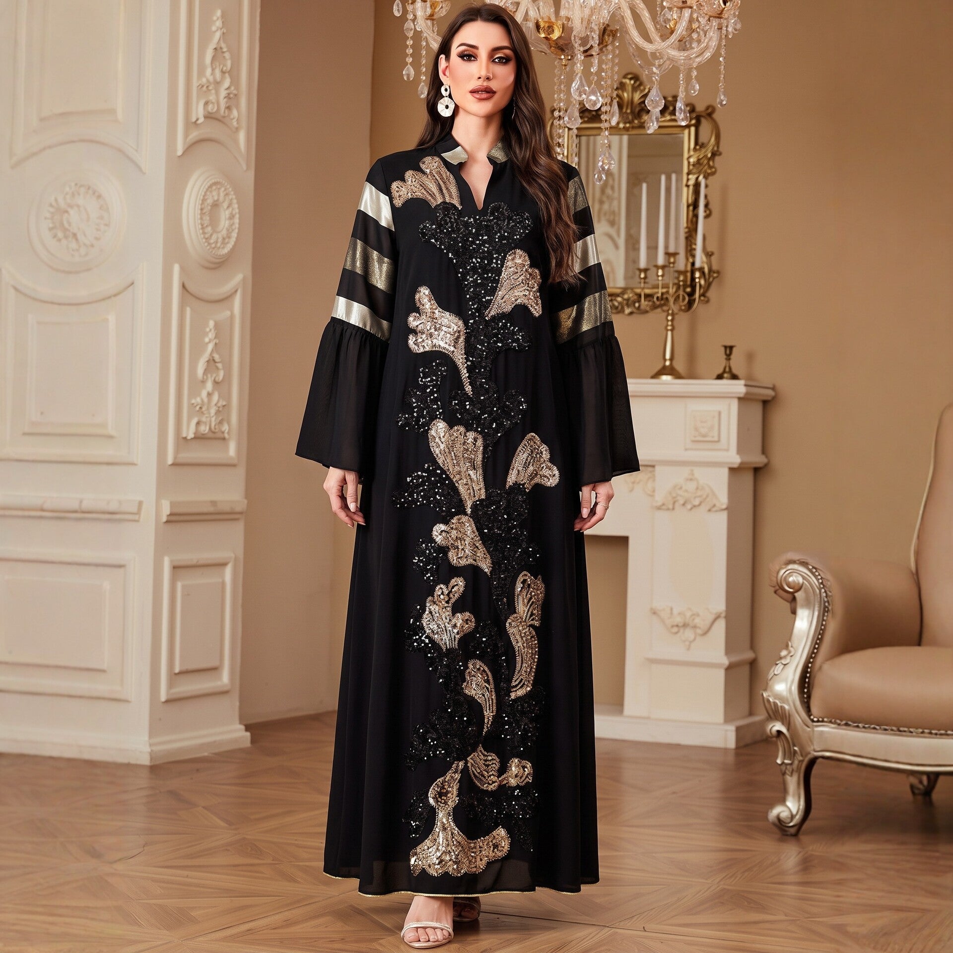 Black White V-Neck Embroidered Ethnic Rhinestone Modest Maxi Abaya
