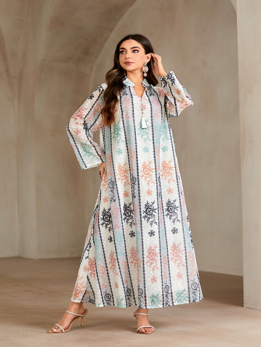 Luxury Floral Print Rhinestone Embellished Gown Jalabiya Modest Long Maxi Dress for Muslim Women Eid Ramadan S-XXL