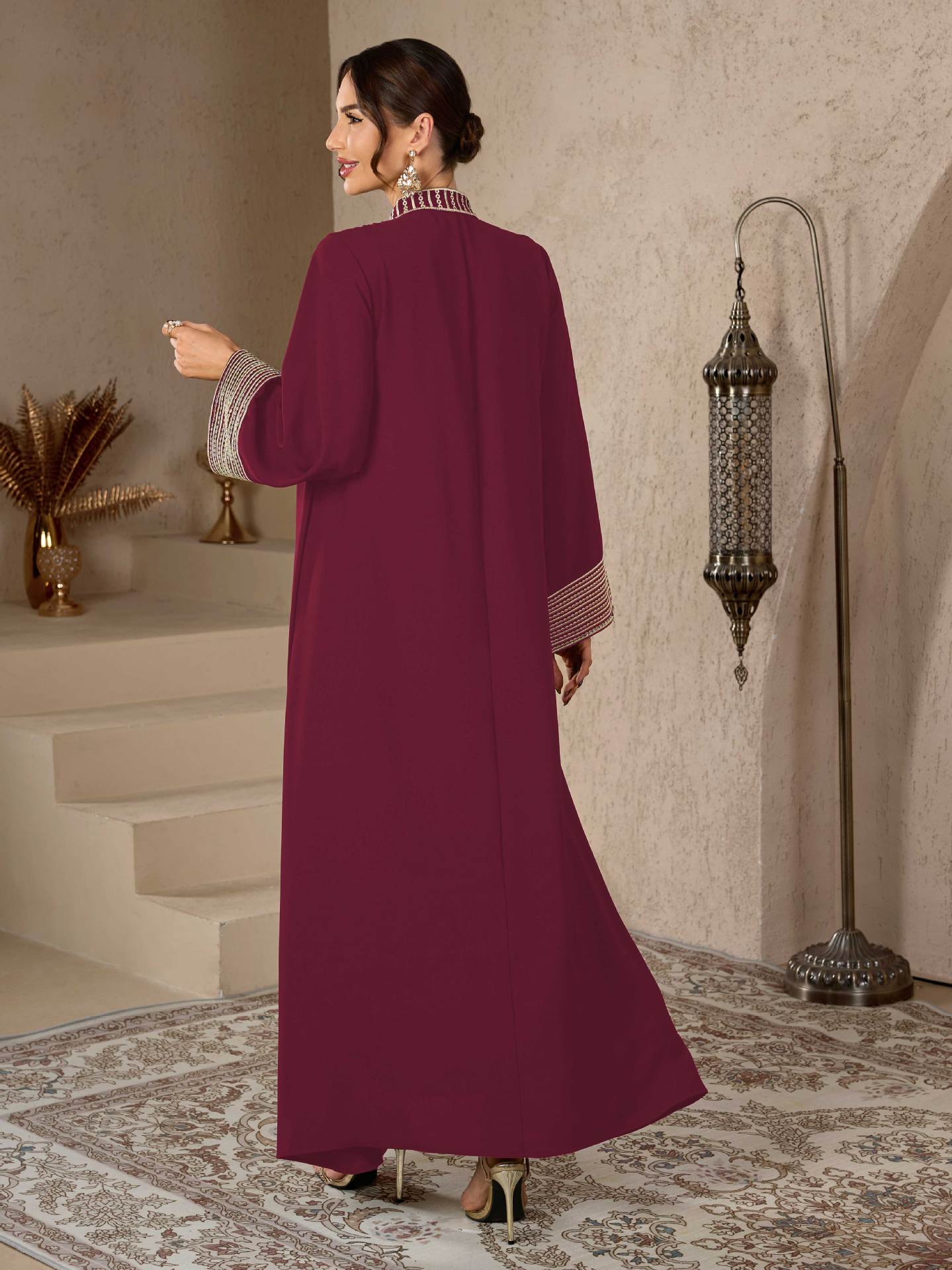 Wine Red and Black Embroidered Pullover V-Neck Maxi Abaya Dress