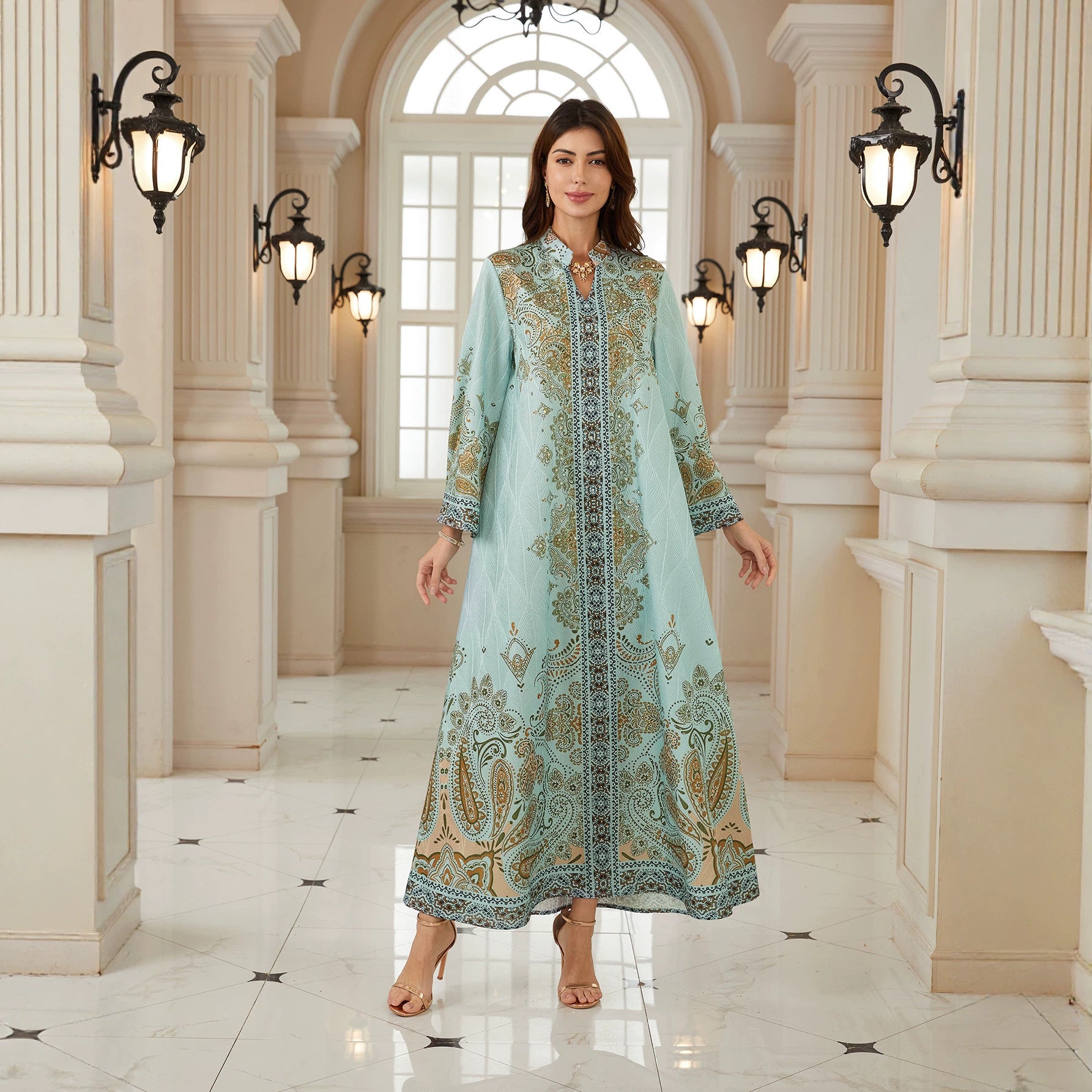 Light Cyan Paisley Print Stand Split V Neck Abaya Full Long Flare Sleeve Loose Modest Muslim Women Kaftan Dress For Ramadan Wedding Eid Party