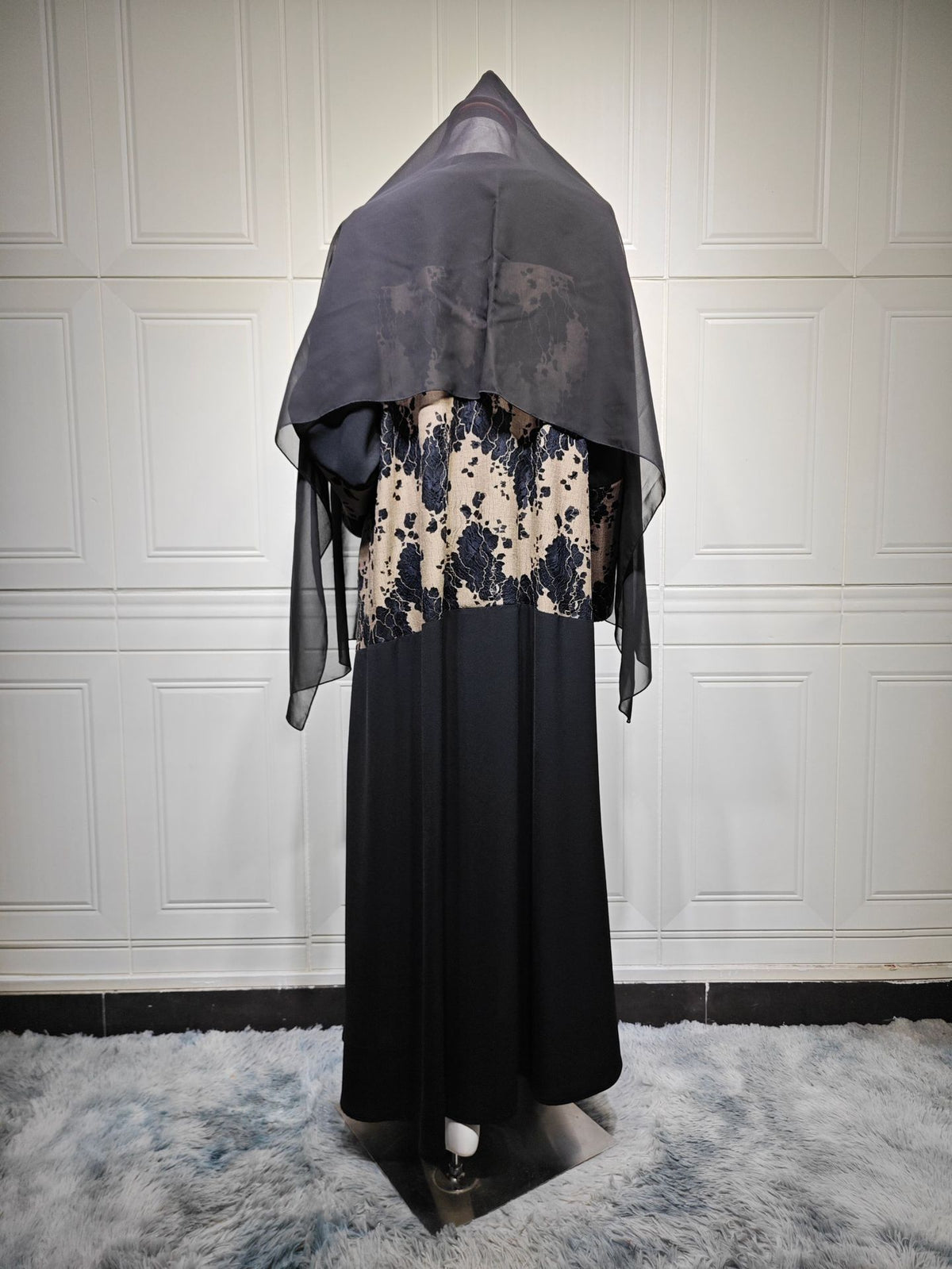 Black Lace Patchwork Open Outerwear Maxi Dress with Hijab Two-Piece Set Jalabiya Modest Long Dress for Eid Ramadan Festive Celebration S-XXL