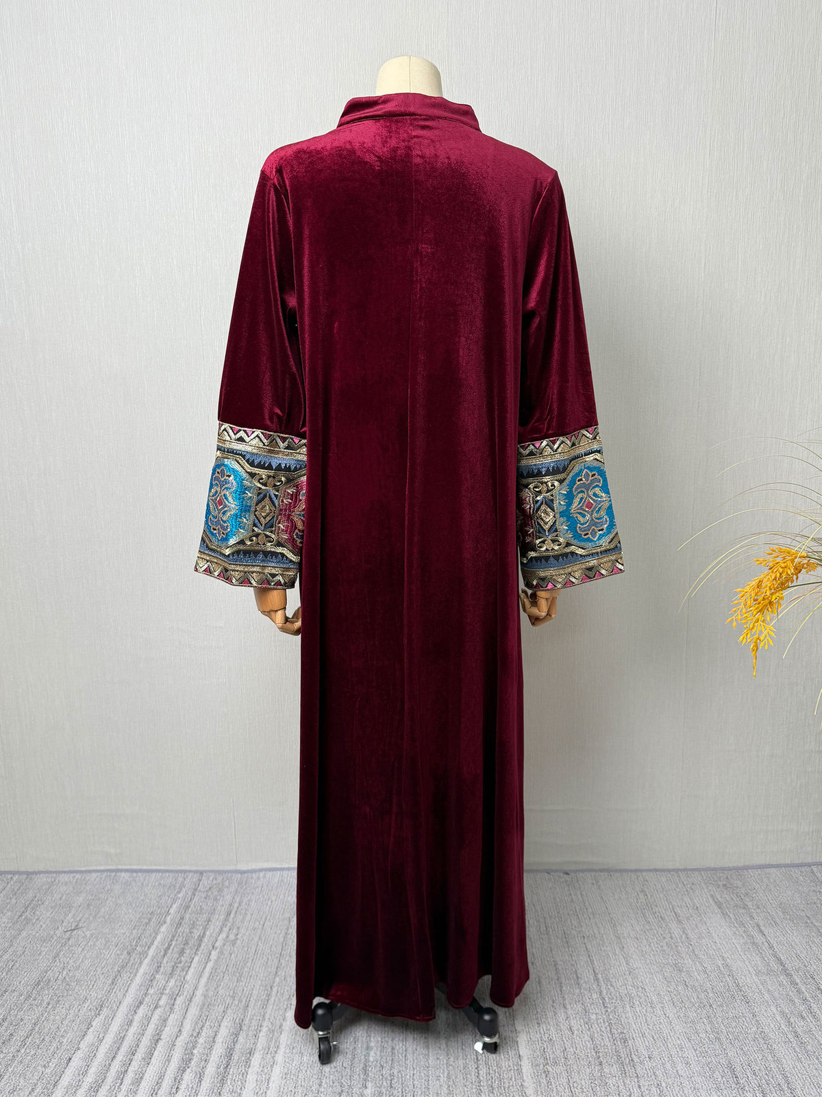 Wine Red Dark Green Black Velvet Embroidered Stand Collar Long Sleeve Gown Maxi Dress Modest Muslim Banquet