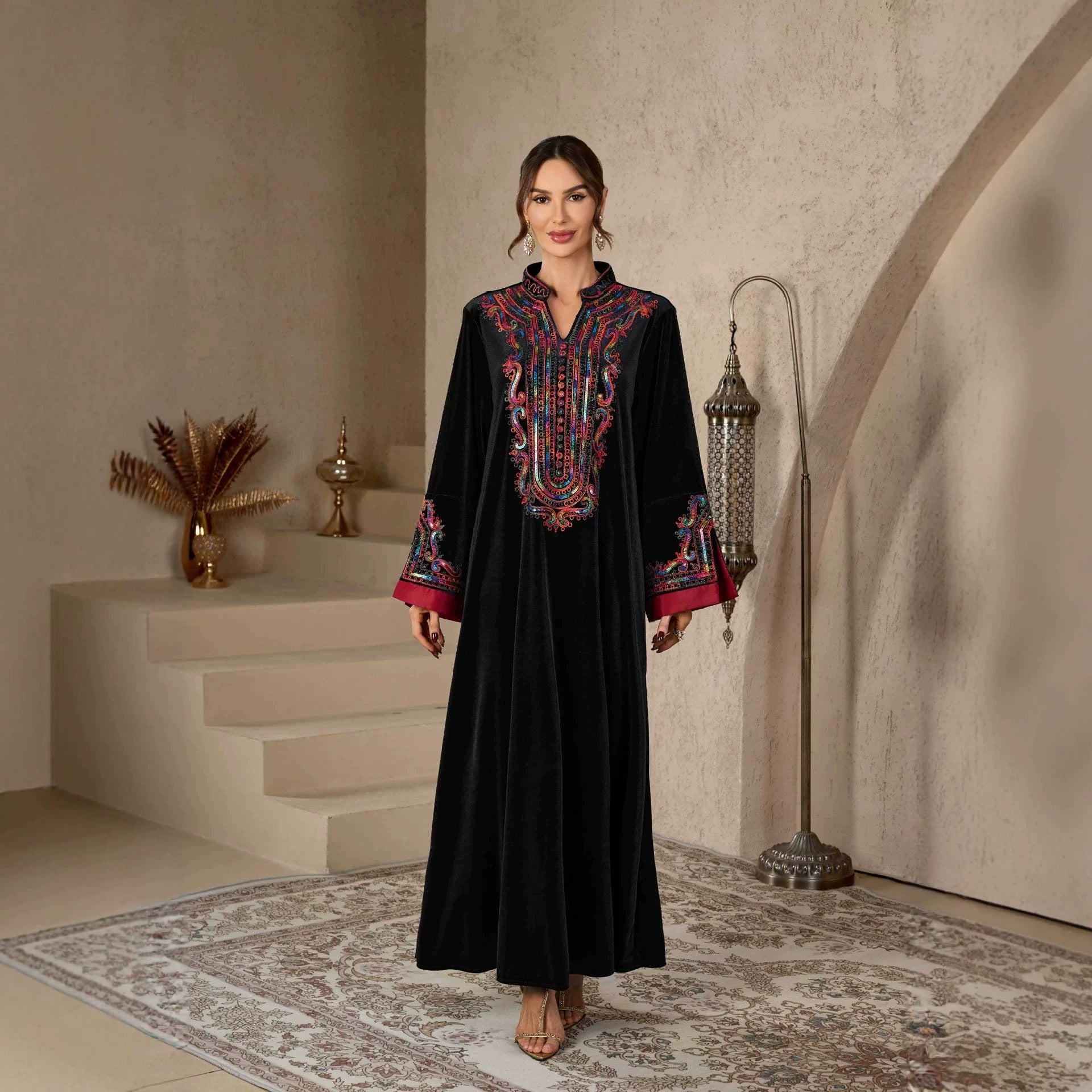 Navy and Black Ethnic Rhinestone Applique Embroidered Maxi Abaya Dress