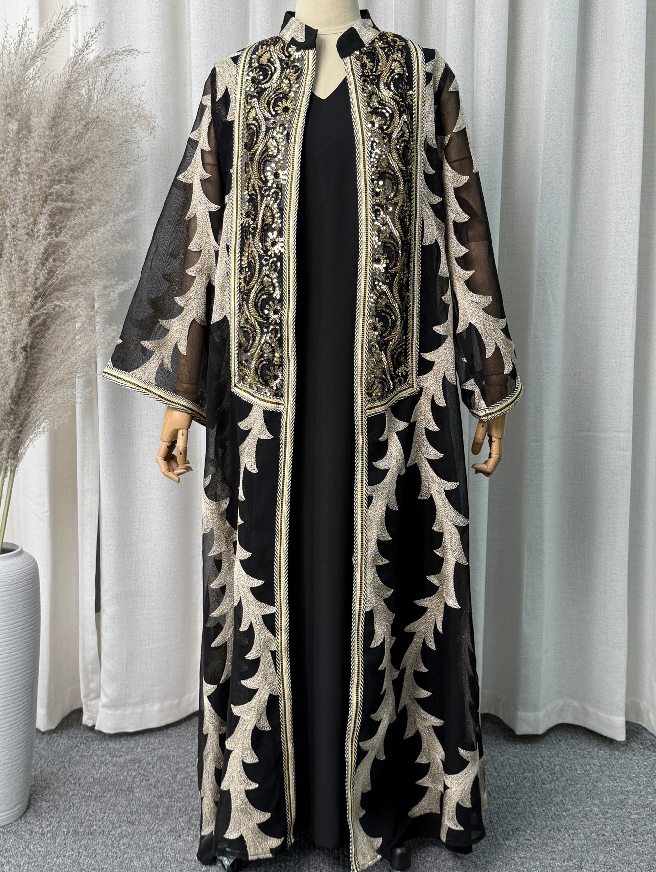 Heavy Beaded Sequin Embroidered Mesh Two-Piece Set Muslim Women Modest Maxi Abaya Jalabiya Kaftan Dress for Eid Ramadan