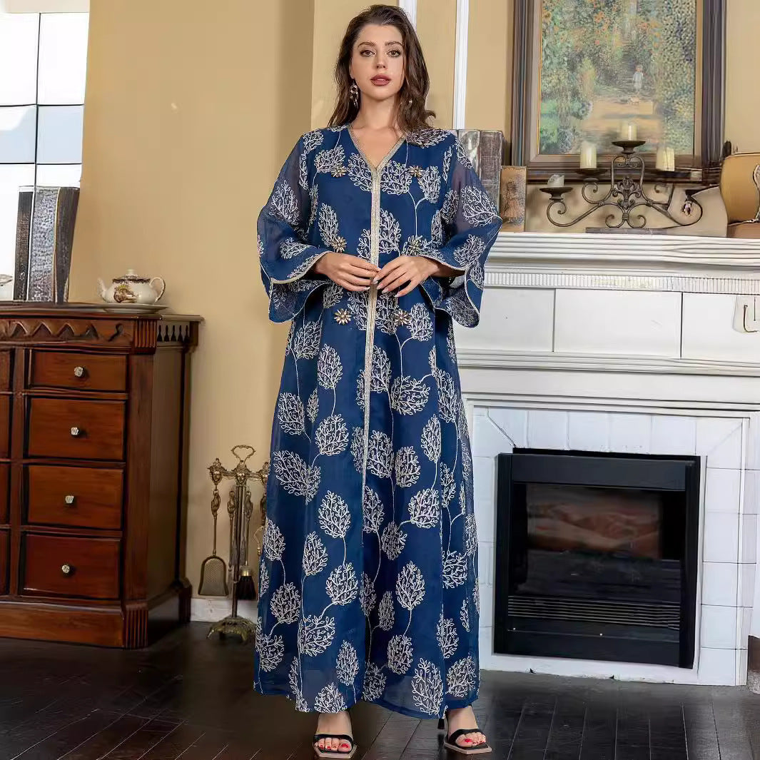 Pan-Arab Retro Botanical Modest Open Robe Light Sheer Navy Fabric Hand-Stitched Leaf Motifs Wide Flared Sleeves Unfitted Floor Silhouette