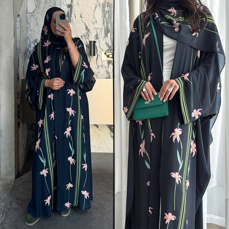 Black Floral Print Open Outerwear Maxi Dress with Hijab Two-Piece Set