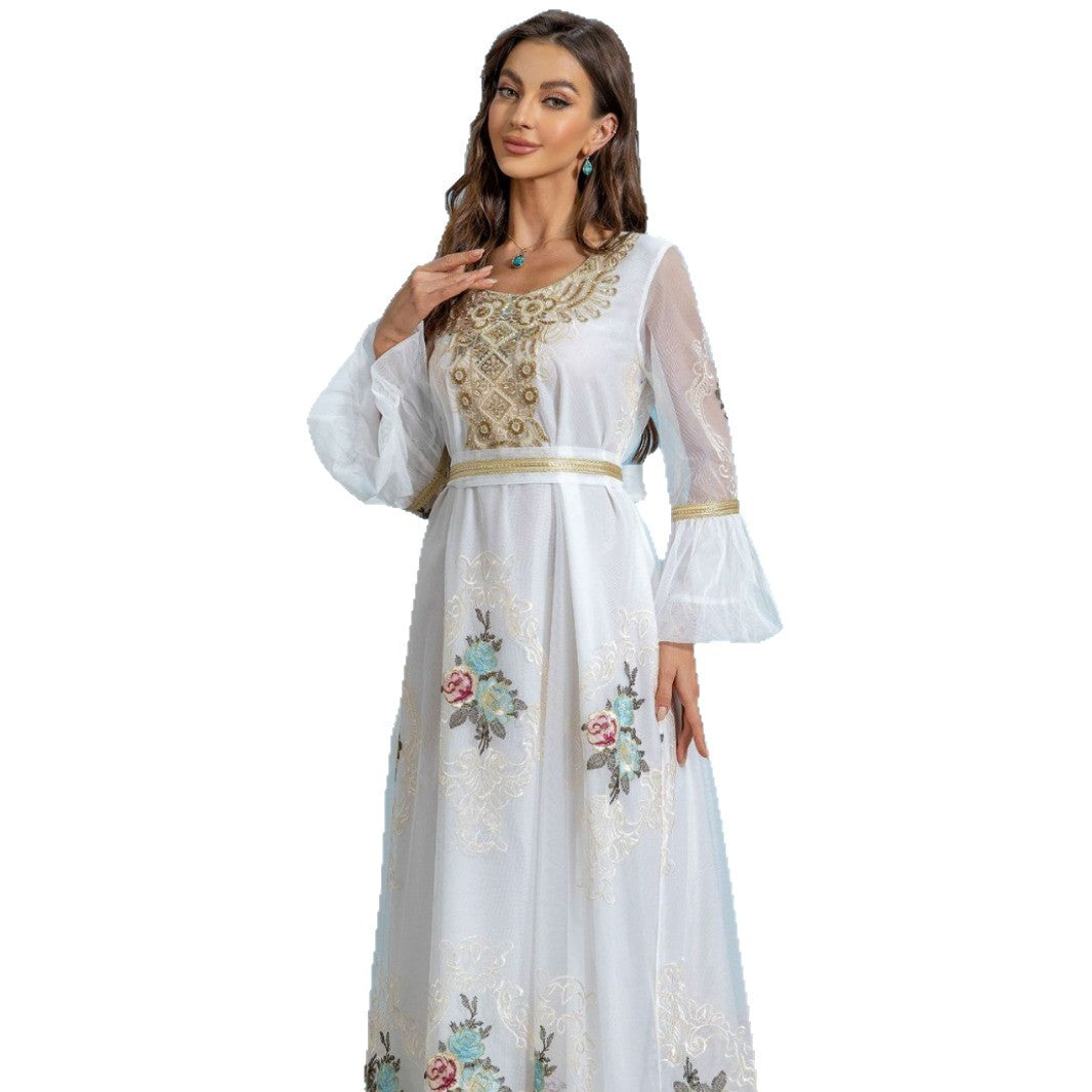 Radiant White Embroidered Abaya – Modest Evening Maxi Robe