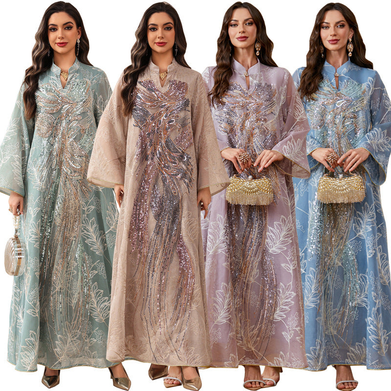 Elegant Oversized Wide Flare Sleeve Muslim Long Robe For Ladies Handcrafted Phoenix Sequins Embroidery Light See-through Leaf Print Abaya Four Shades Formal Ceremony Gown