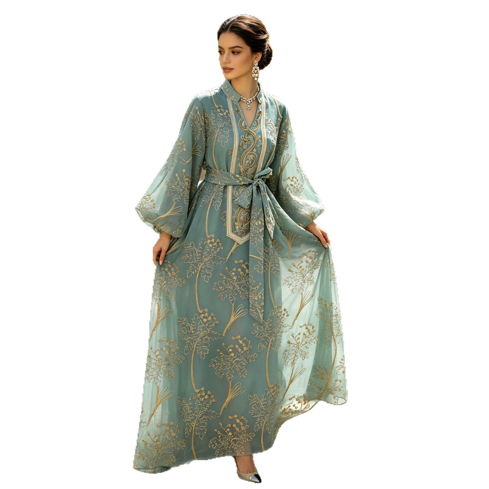 Luxury Gold Embroidered High Neck Abaya Dress Lantern Sleeve Belted Kaftan Modest Long Maxi Evening Gown Eid Ramadan S-XXL