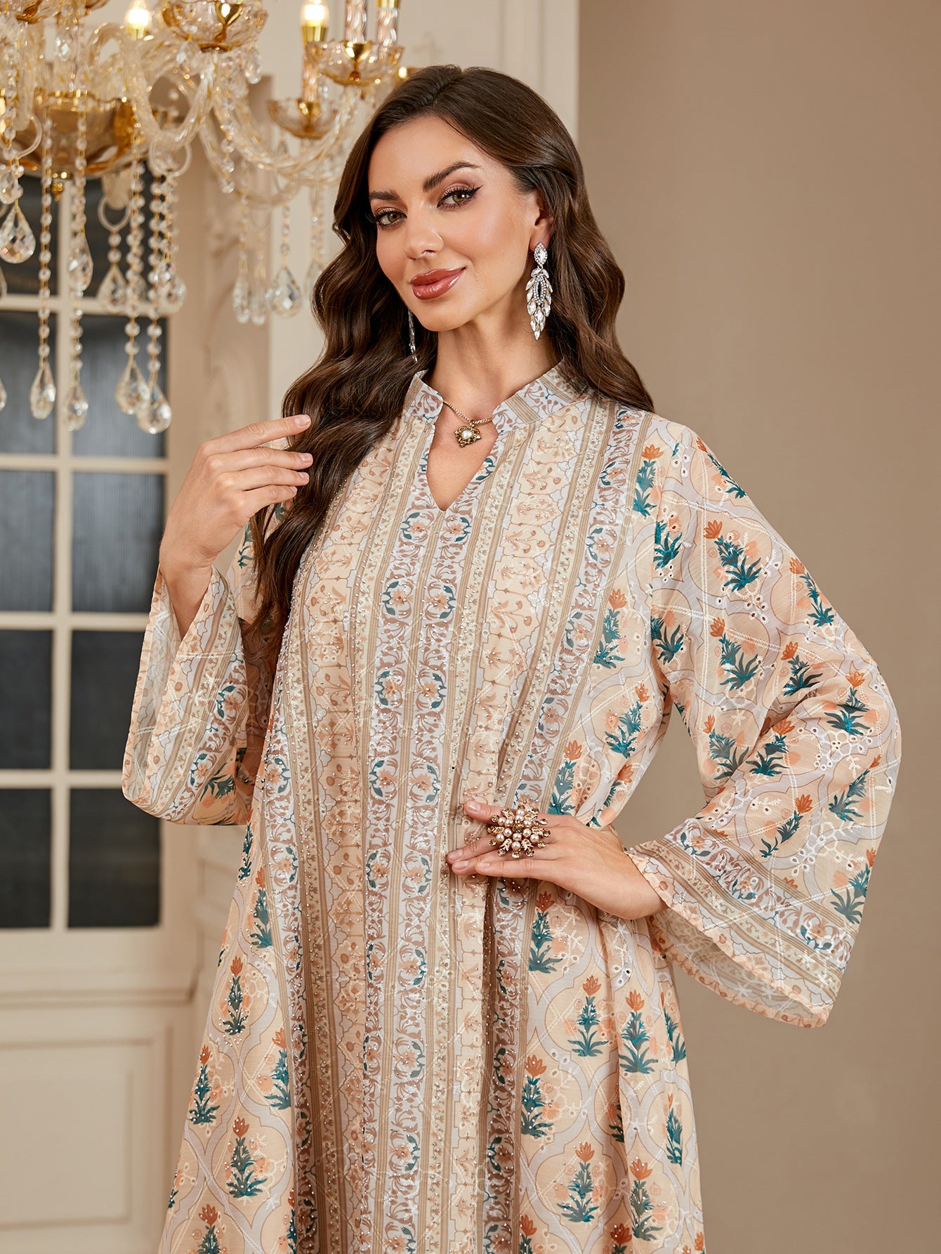 Women Stand Collar V Neck Floral Striped Abaya 3 Colors Vintage Botanical Print Loose Wide Sleeve Maxi Kaftan Lightweight Daily Modest Dress For Ramadan Casual Party