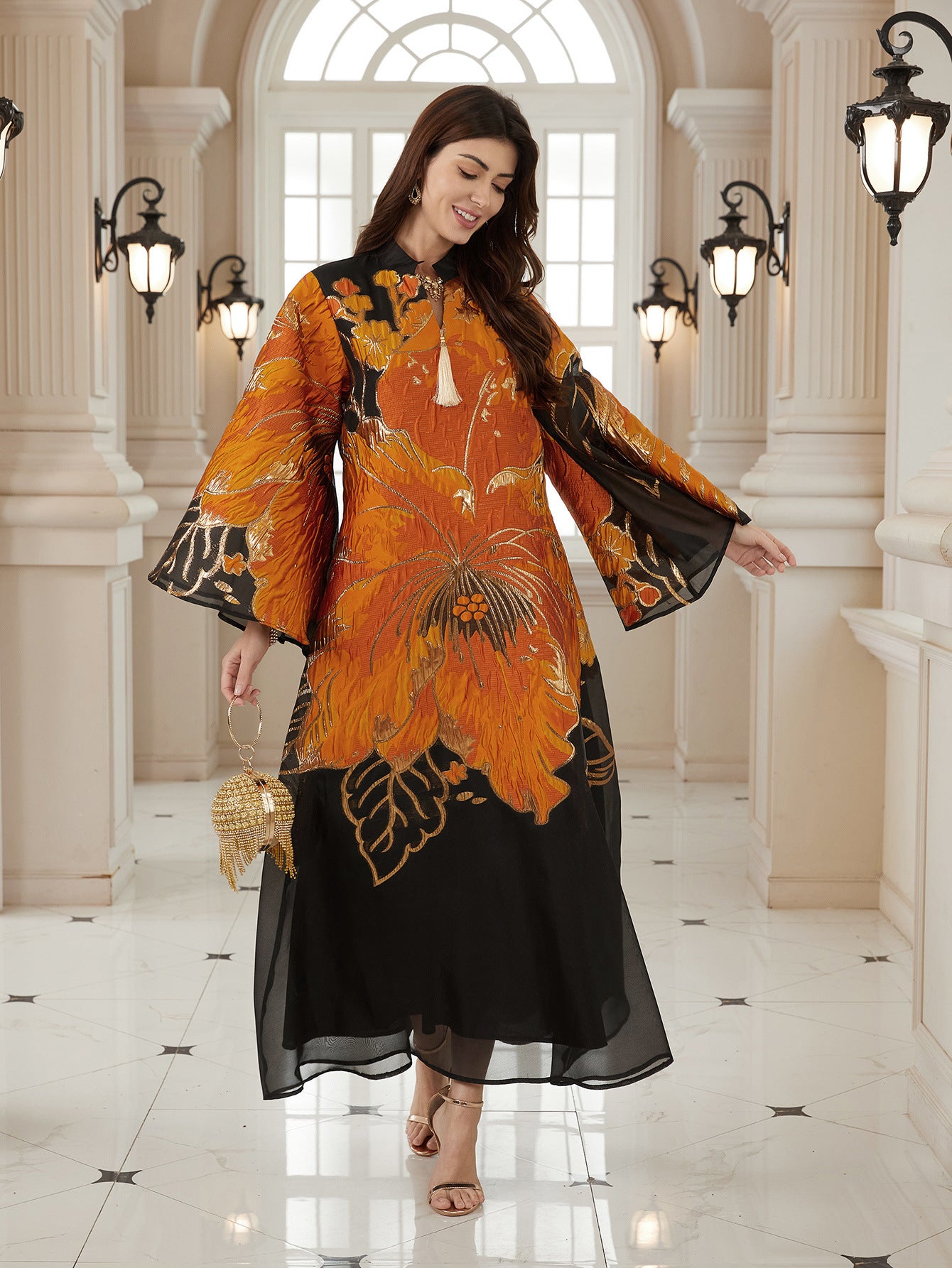 New Arrival Cross-Border Elegant Ready-to-Wear Muslim Abaya Dress with Creative Floral Art Patterns