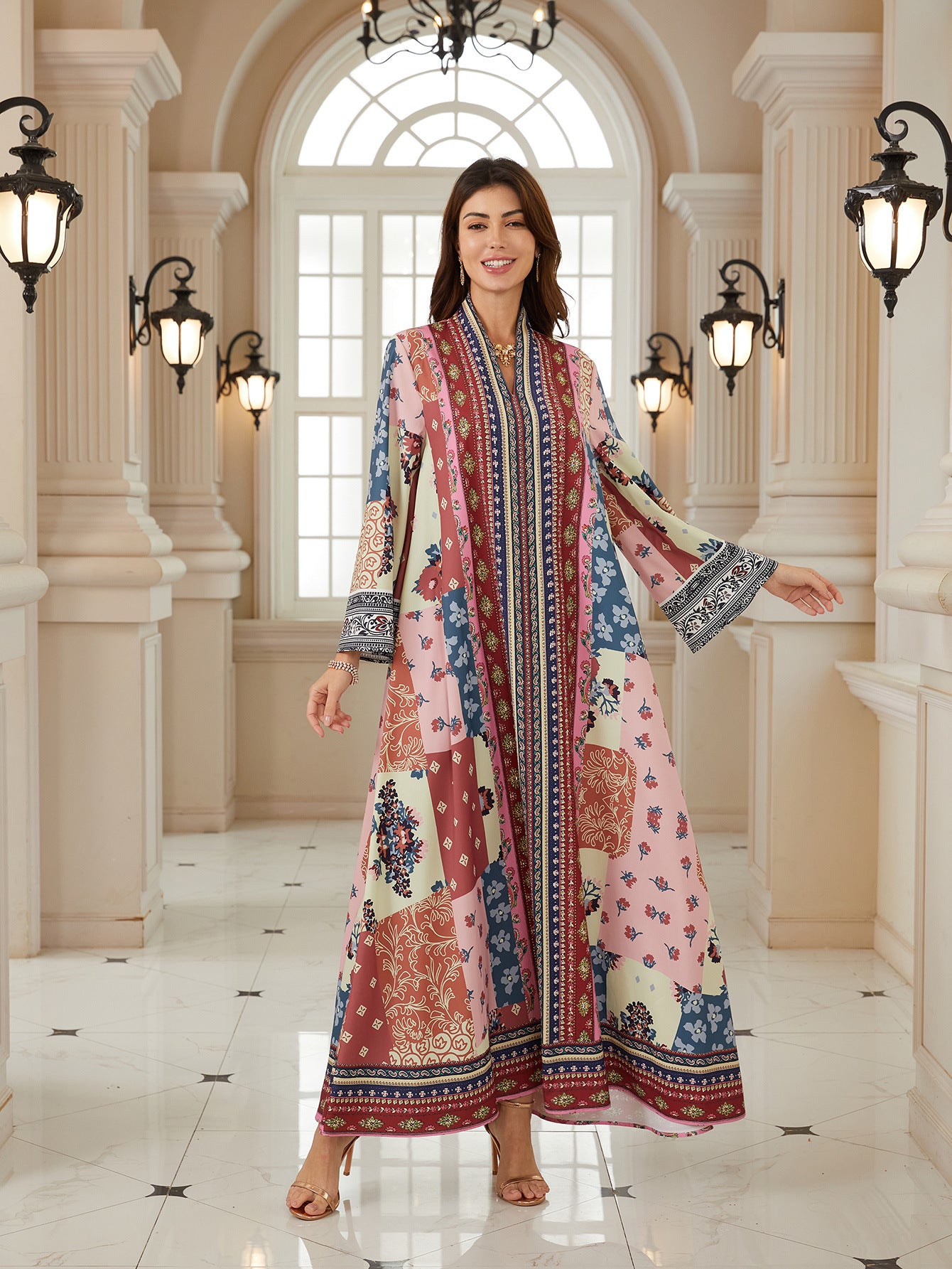 Exquisite Floral V-Neck Abaya – Ethnic Modest Maxi Dress