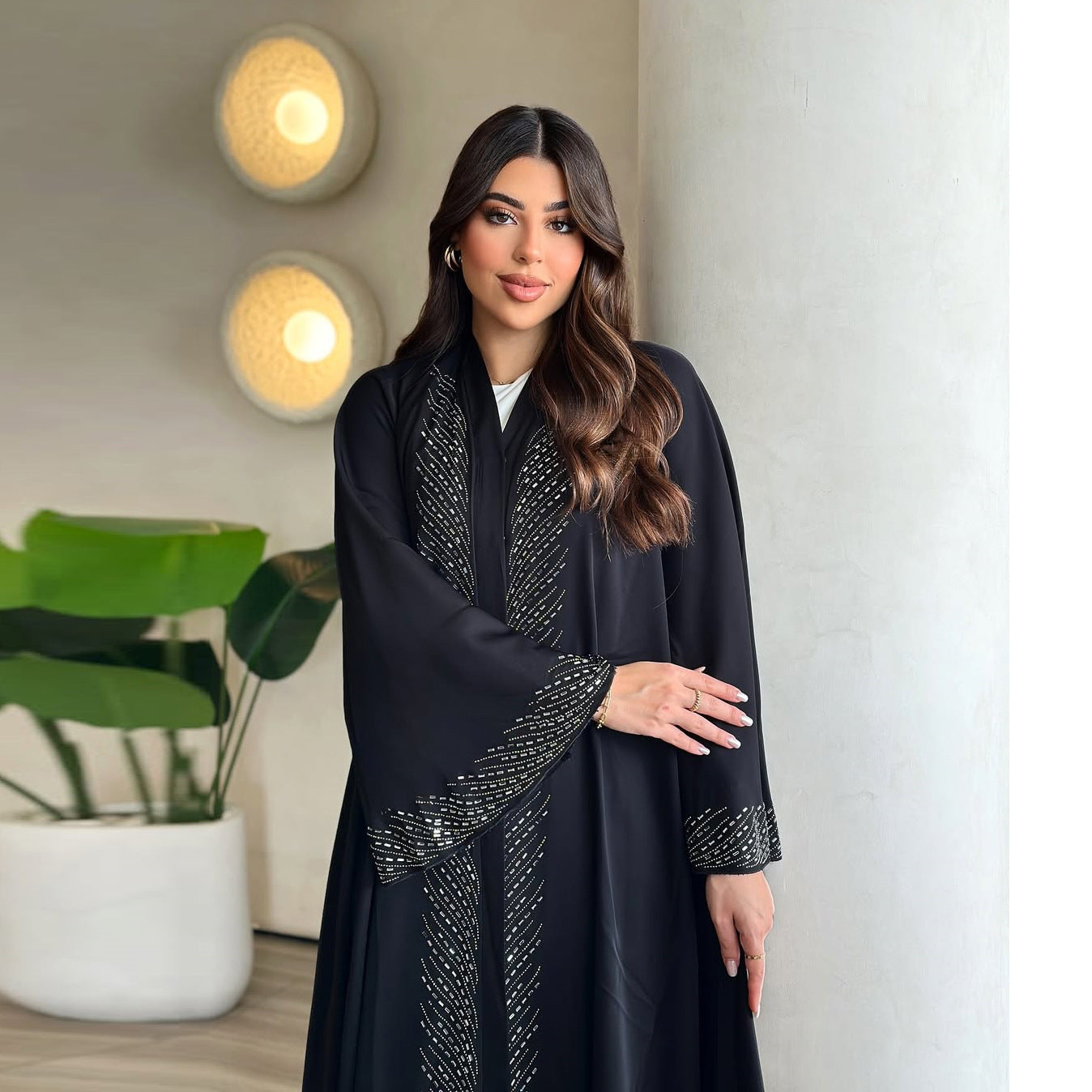 Black Rhinestone Embellished Pullover Long Maxi Abaya Dress - Modest Open Front