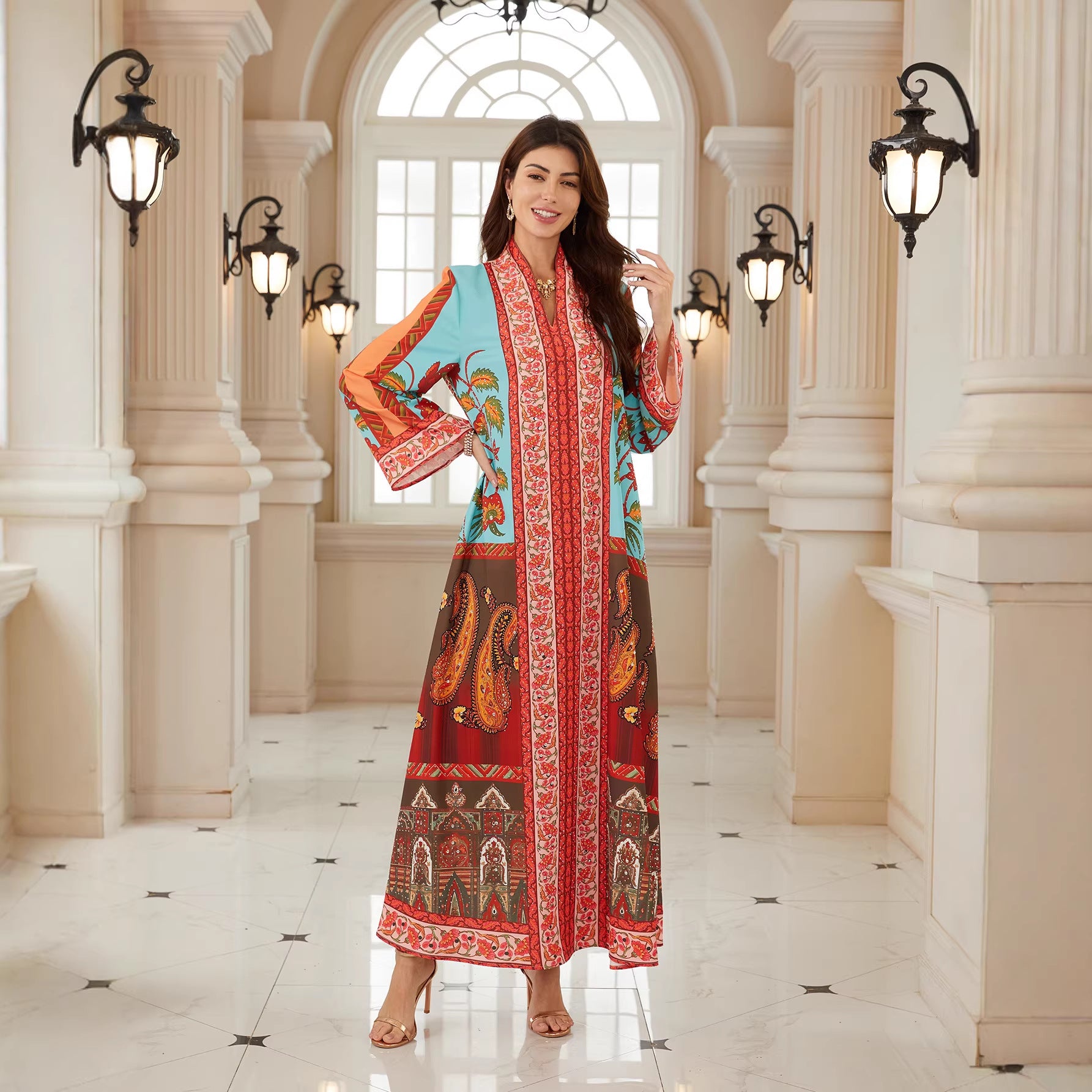 Radiant Floral V-Neck Kaftan – Elegant Modest Maxi Dress