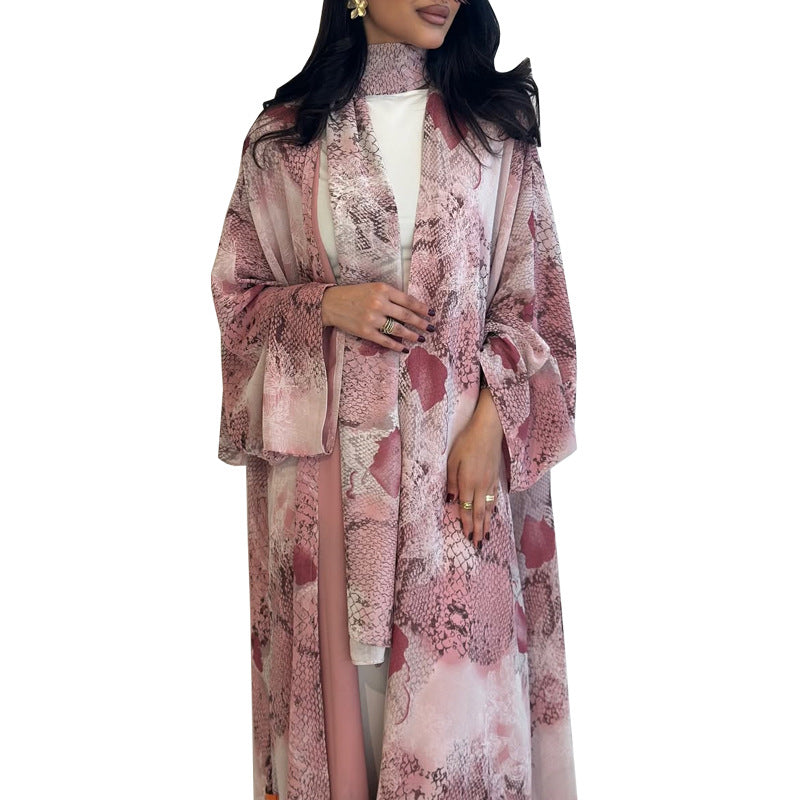 Pink Chiffon Floral Print Open Outerwear Maxi Dress with Hijab Two-Piece Set