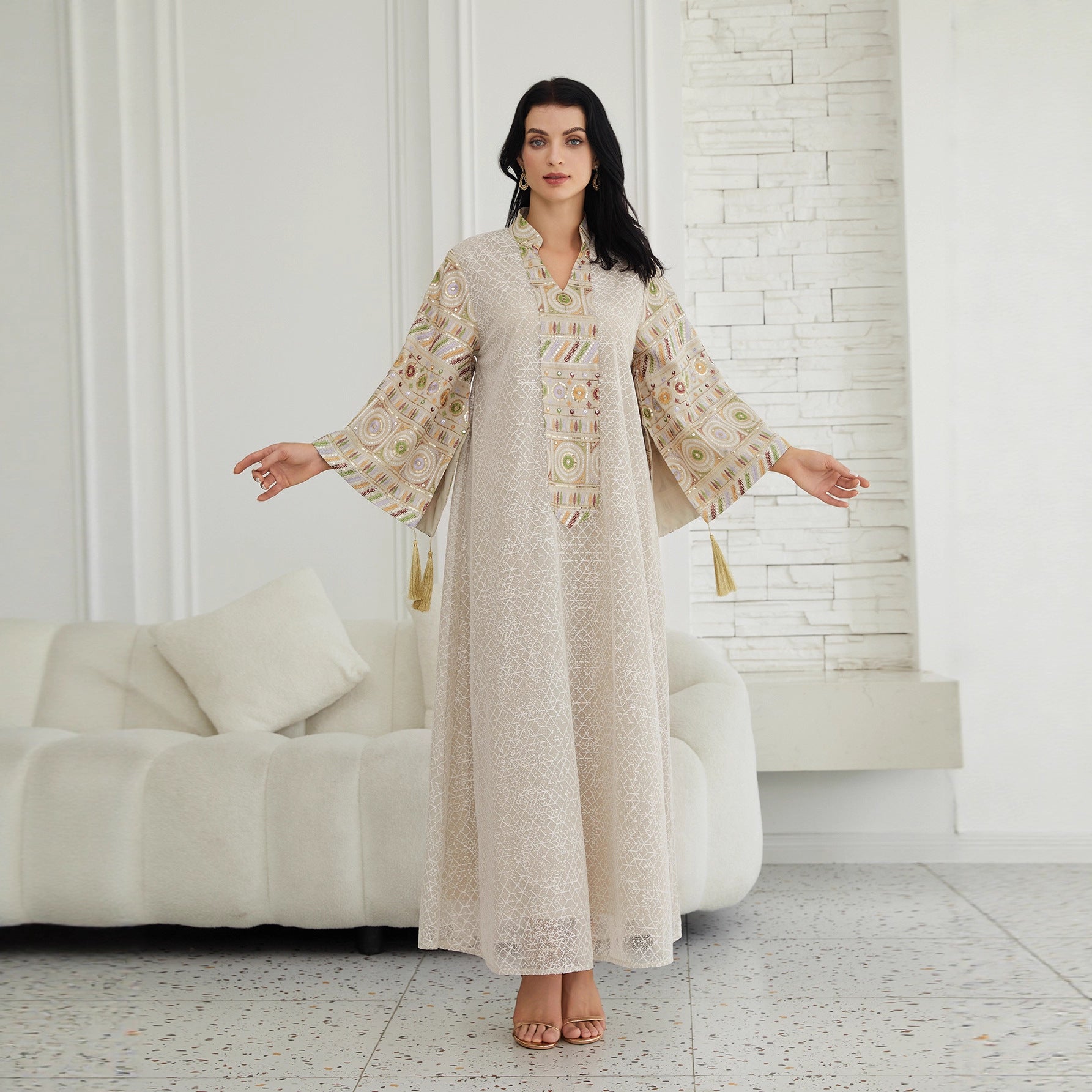 Gulf Islamic Modest Long Robe Off White All Over Mesh Geometric Texture Mandarin Collar Multicolor Geometric Sequin Embroidery Cuff Tassel Oversize Flare Sleeve Dubai Abaya For Ladies Formal Evening Occasion