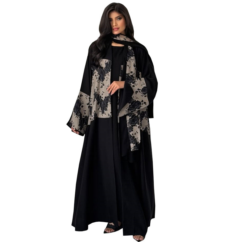 Black Lace Patchwork Open Outerwear Maxi Dress with Hijab Two-Piece Set Jalabiya Modest Long Dress for Eid Ramadan Festive Celebration S-XXL