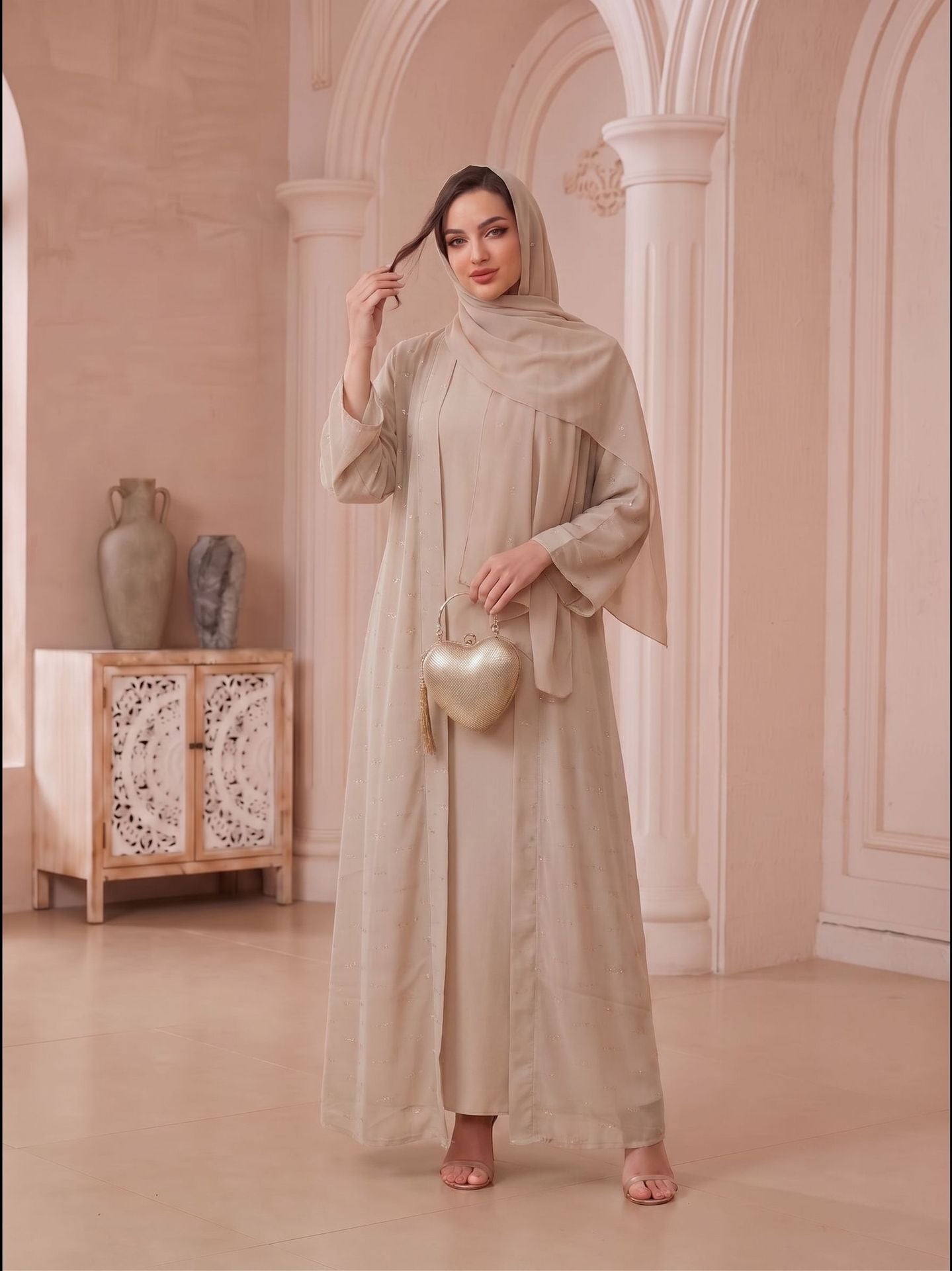 Apricot Black V-Neck Beaded Open Abaya with Hijab Set