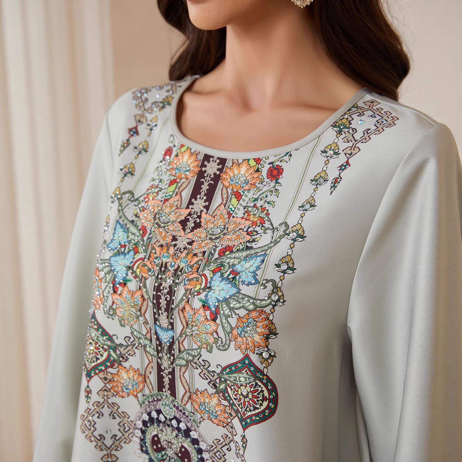 Pastel Light Grey Matte Crepe Long Kaftan Robe For Ladies Round Neck Long Sleeve With Symmetric Multi-Color Floral Embroidery Full Length Formal Modest Outfit