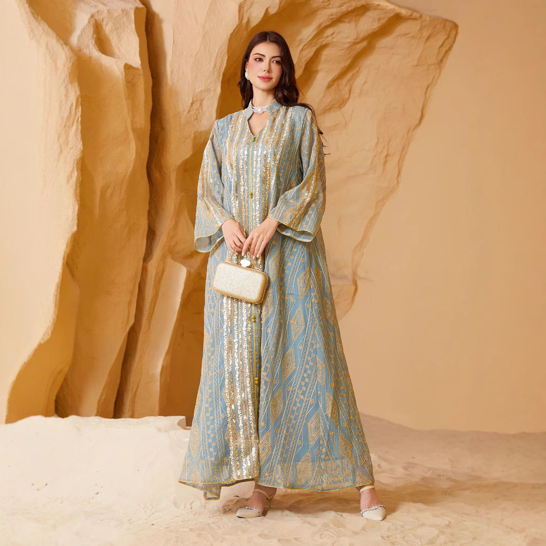 Gold Silver Geometric Line Print Organza Abaya For Women Notch Collar Three Quarter Sleeve Dubai Luxury Loose Muslim Kaftan Modest Maxi Dress For Eid Ramadan Wedding Evening Party 2 Colors