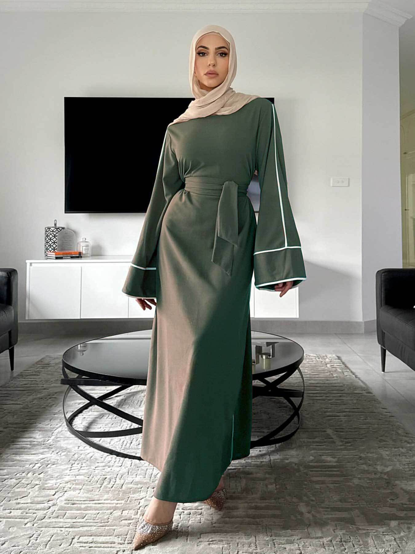 Coffee and Green Tie-Waist Maxi Abaya Dress with Belt