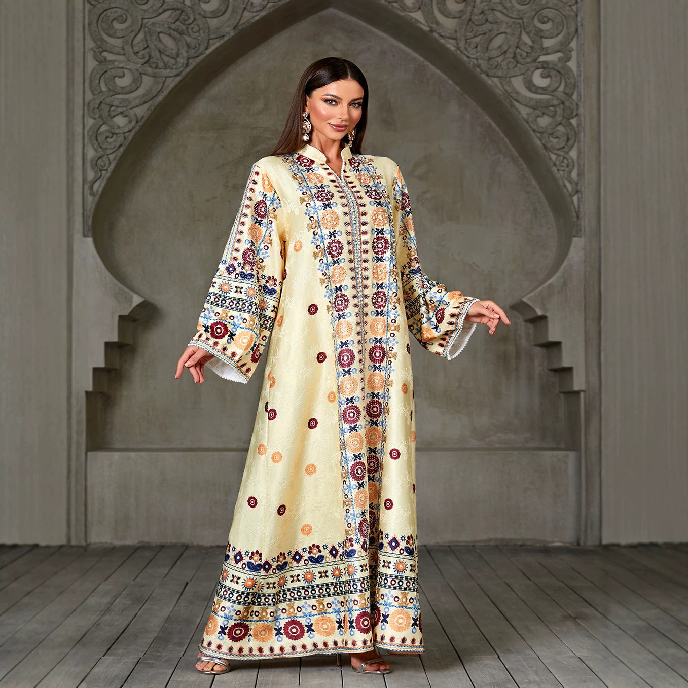 Handcrafted Beaded Jacquard Patterned Gown Jalabiya Modest Long Maxi Dress for Muslim Women Eid Ramadan Party S-XXL