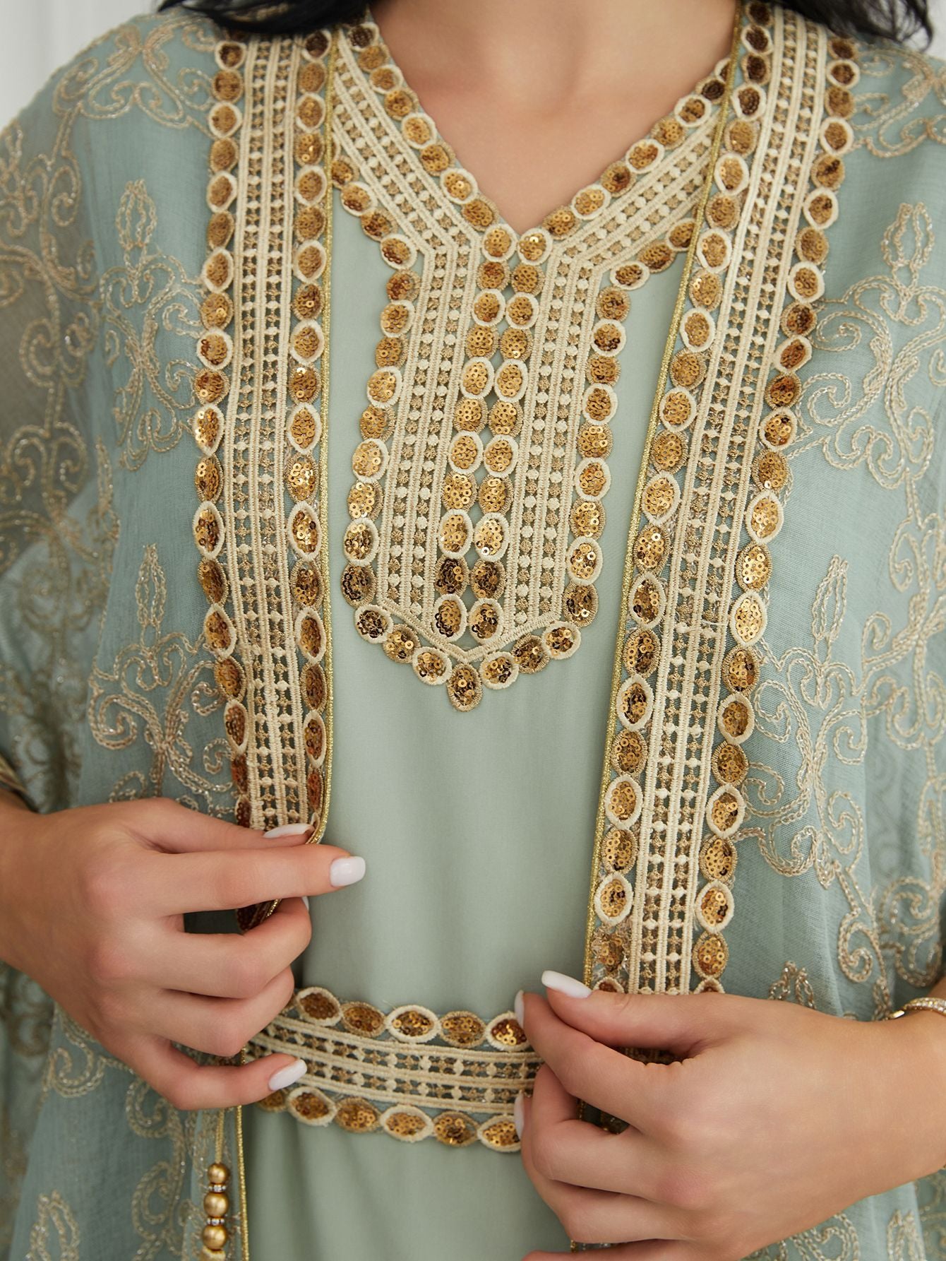2 Piece Luxury Sheer Lace Kaftan Abaya Gold Embroidery Beaded Tassel Dubai Moroccan Modest Dress For Eid Ramadan Wedding Party