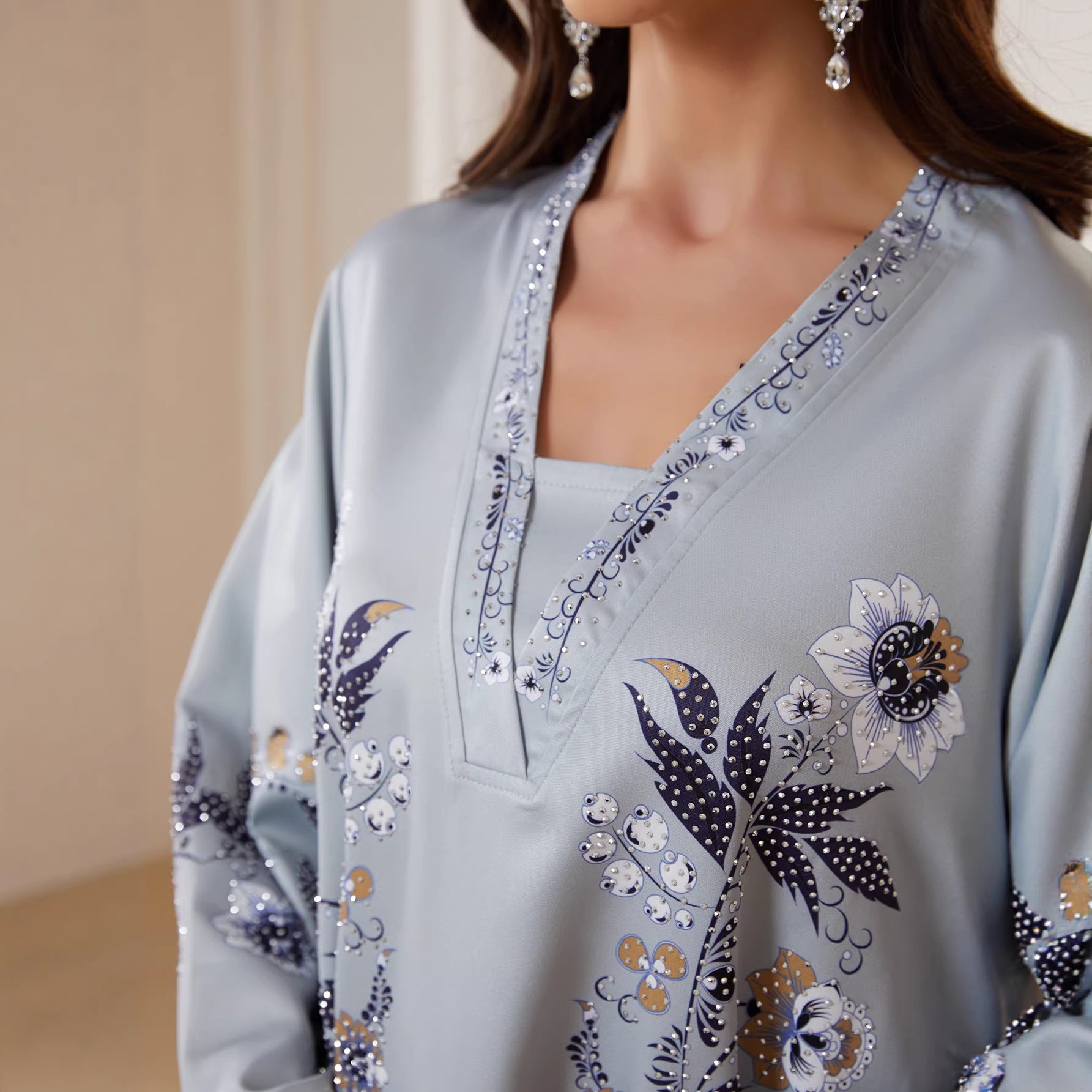 Serene Silver Printed Abaya – Casual Loose Modest Maxi Dress