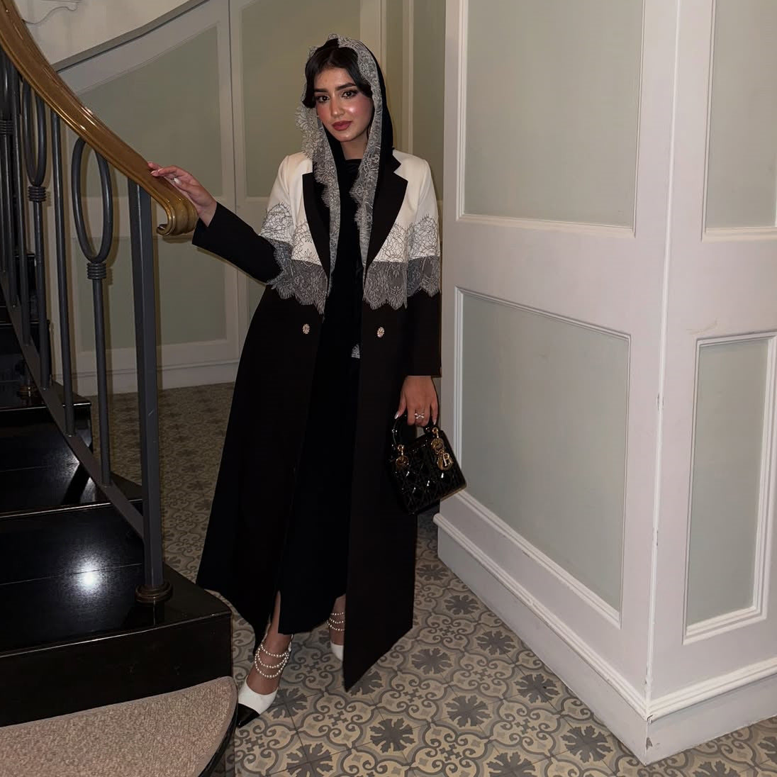 Black Lace Patchwork Long Open Abaya with Hijab Set