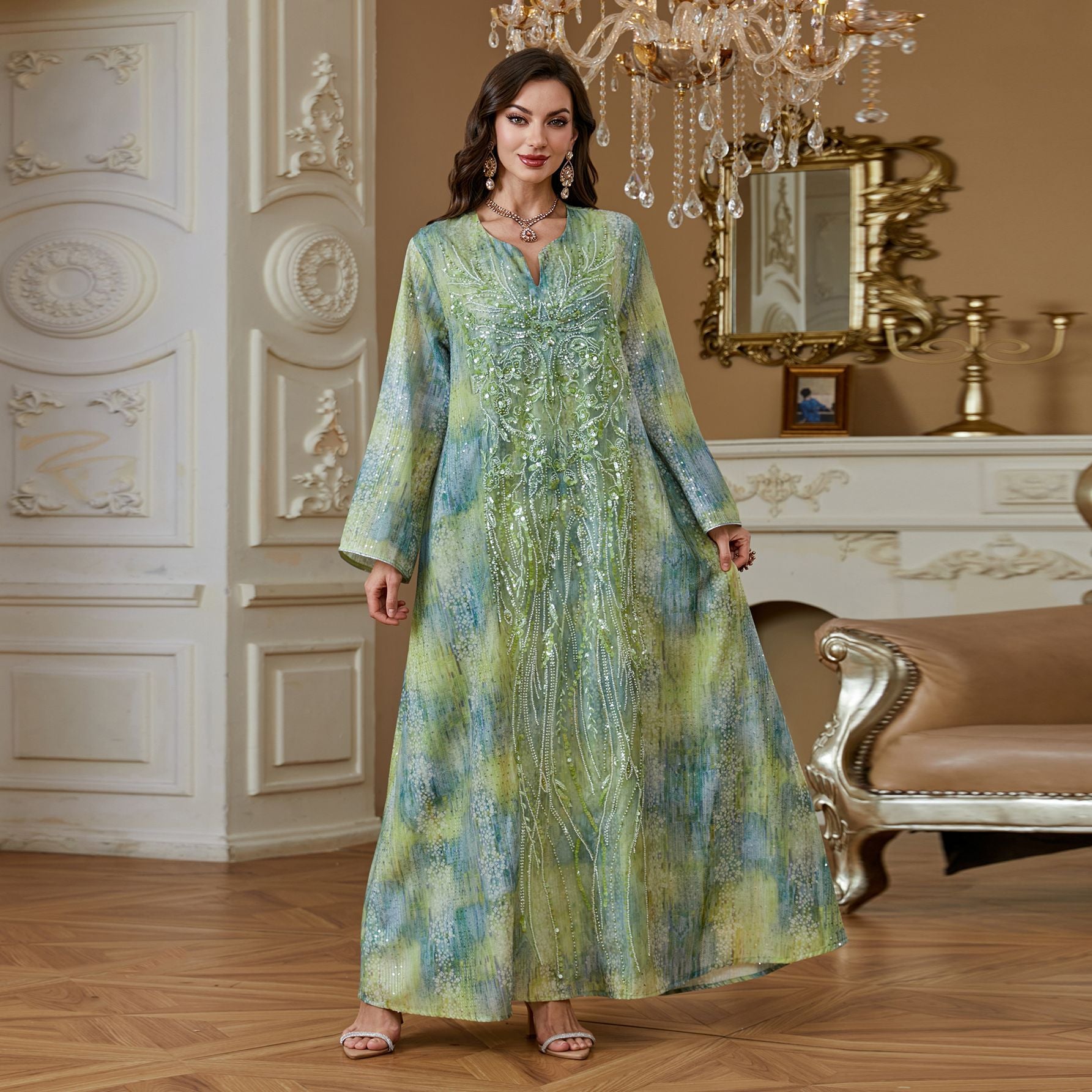 Soft Glossy Modest Long Robe For Ladies Vertical Sequined Craft Oversized Flare Sleeve Muslim Gown Pink Blue Green Tie Dye Pattern Formal Occasion Outfit