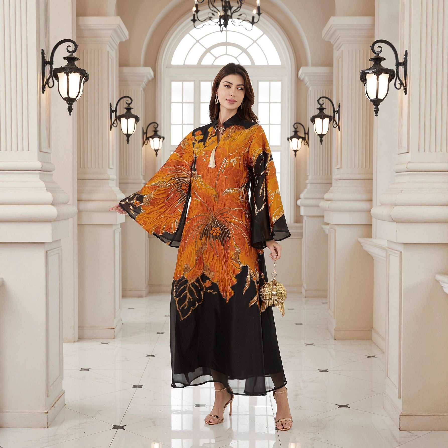 New Arrival Cross-Border Elegant Ready-to-Wear Muslim Abaya Dress with Creative Floral Art Patterns
