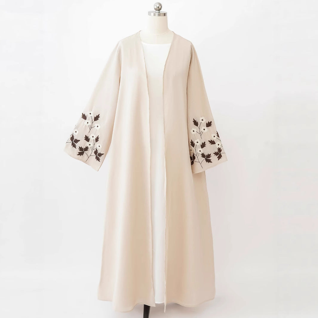 Light Beige Embroidered Sleeve Open Front Cardigan Abaya Soft Breathable Fabric Modest Maxi Robe for Muslim Women Everyday