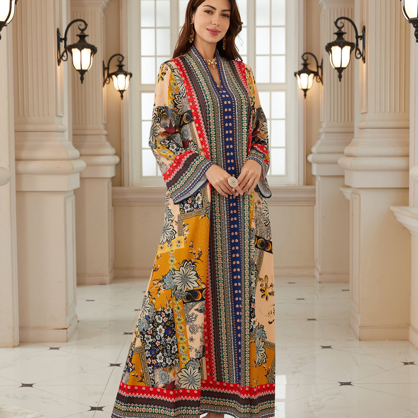 Charming Floral Jalabiya – V-Neck Long-Sleeve Modest Dress
