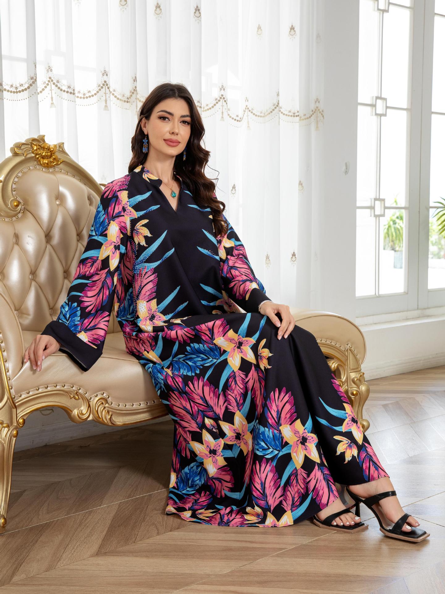 Black Floral Print Modest Abaya Dress - Long Sleeve Everyday Robe