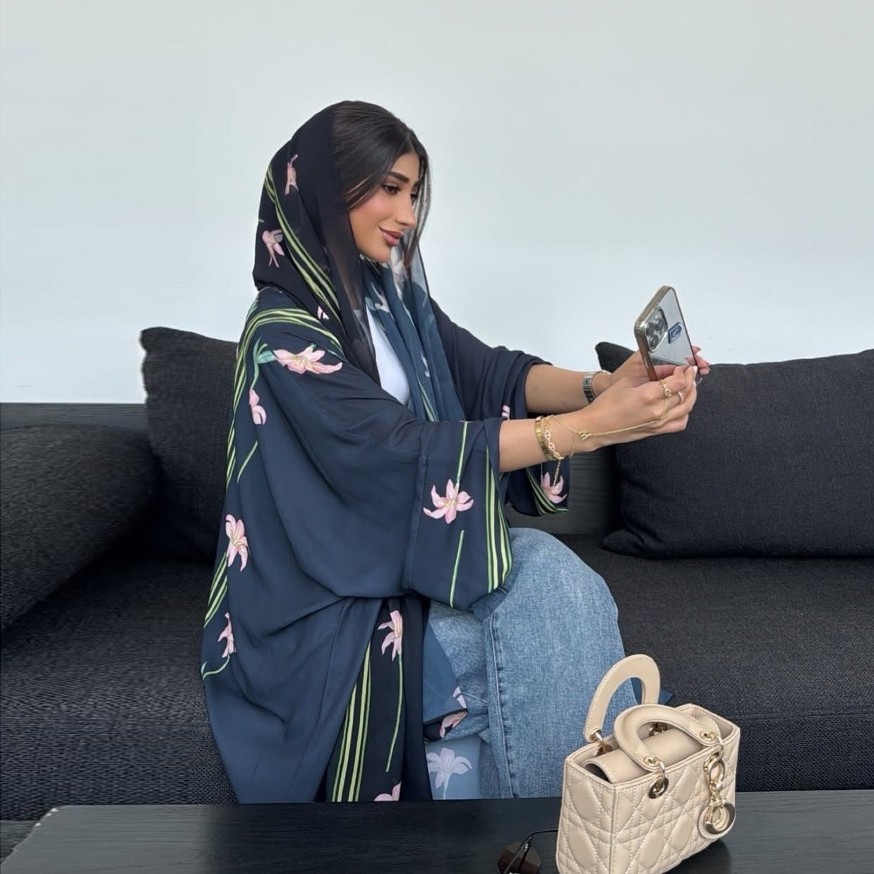Black Floral Print Open Outerwear Maxi Dress with Hijab Two-Piece Set