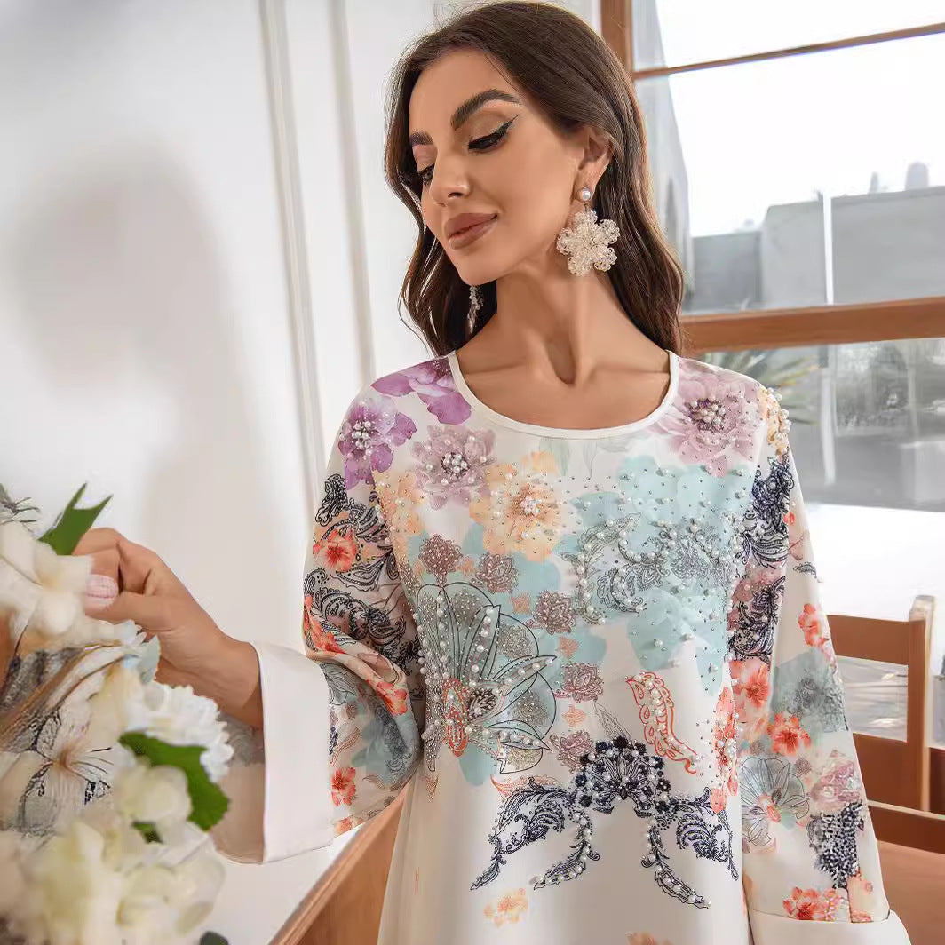 Stylish Floral Rhinestone Kaftan – Plus-Size Modest Muslim Dress