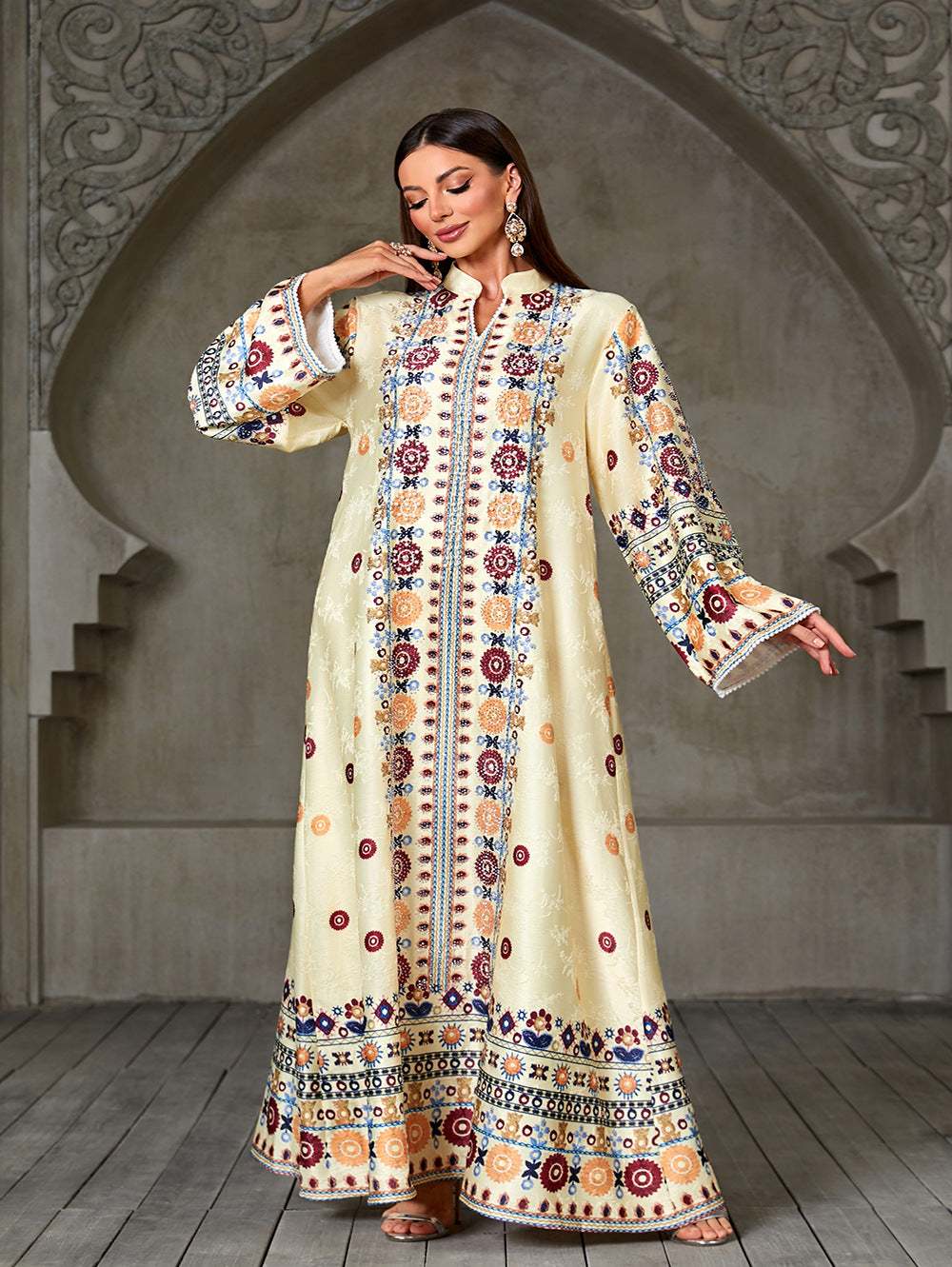 Handcrafted Beaded Jacquard Patterned Gown Jalabiya Modest Long Maxi Dress for Muslim Women Eid Ramadan Party S-XXL