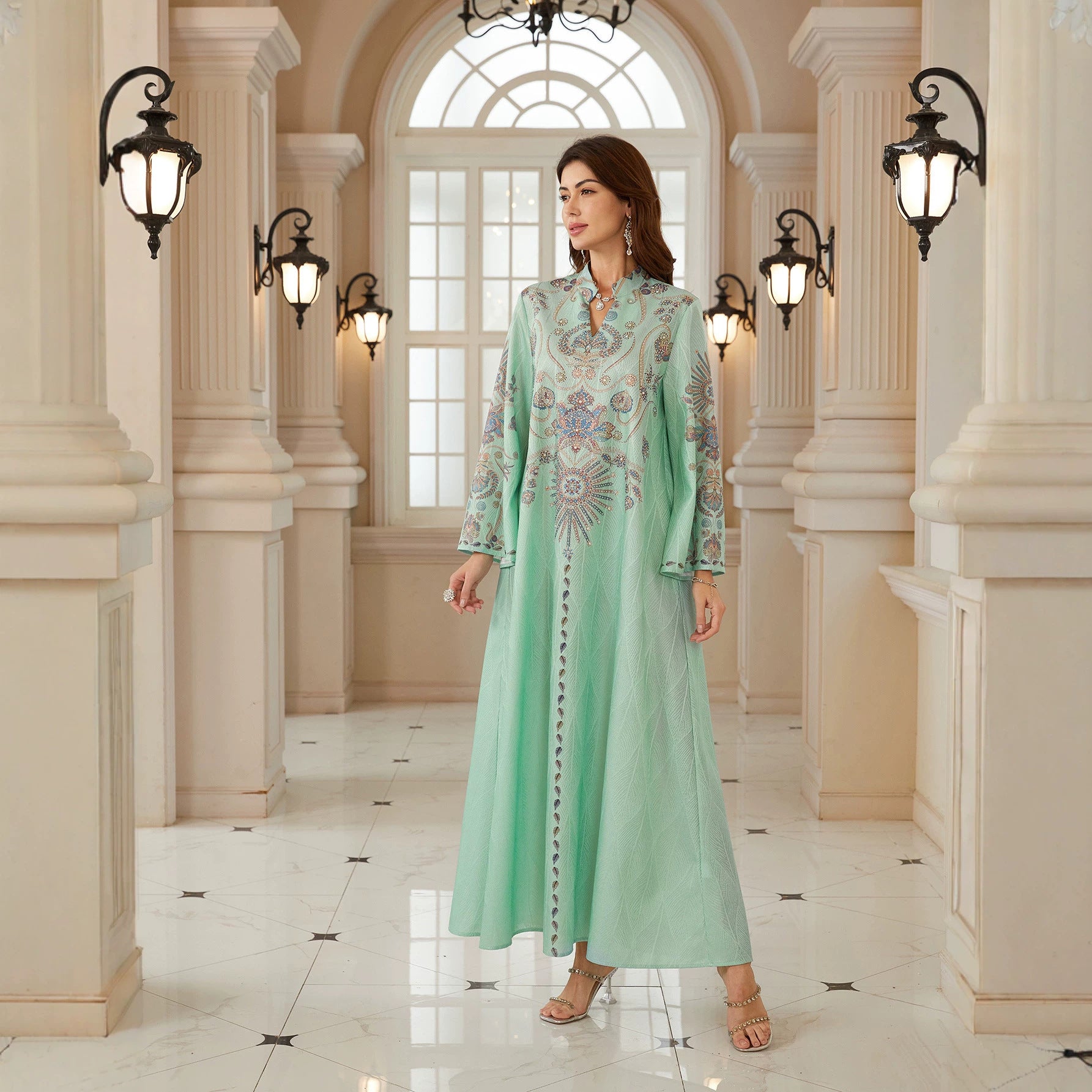 Mint Green Stand Collar Heavy Embroidery Abaya Flare Sleeve Textured Fabric Modest Muslim Women Full Length Kaftan Dress For Wedding Party Ramadan