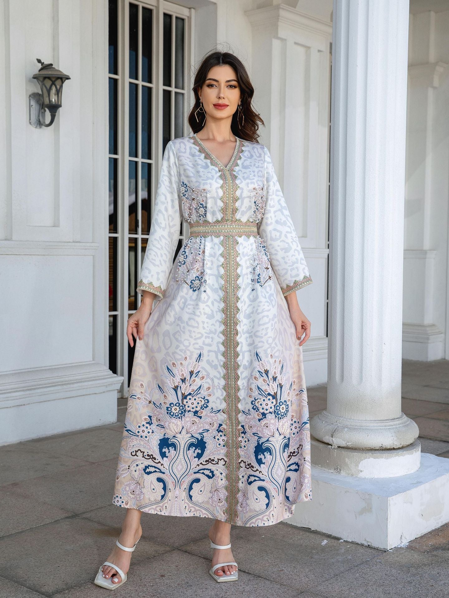 White Lace-Trim Beaded Abaya Robe - Modest Muslim Dress Women