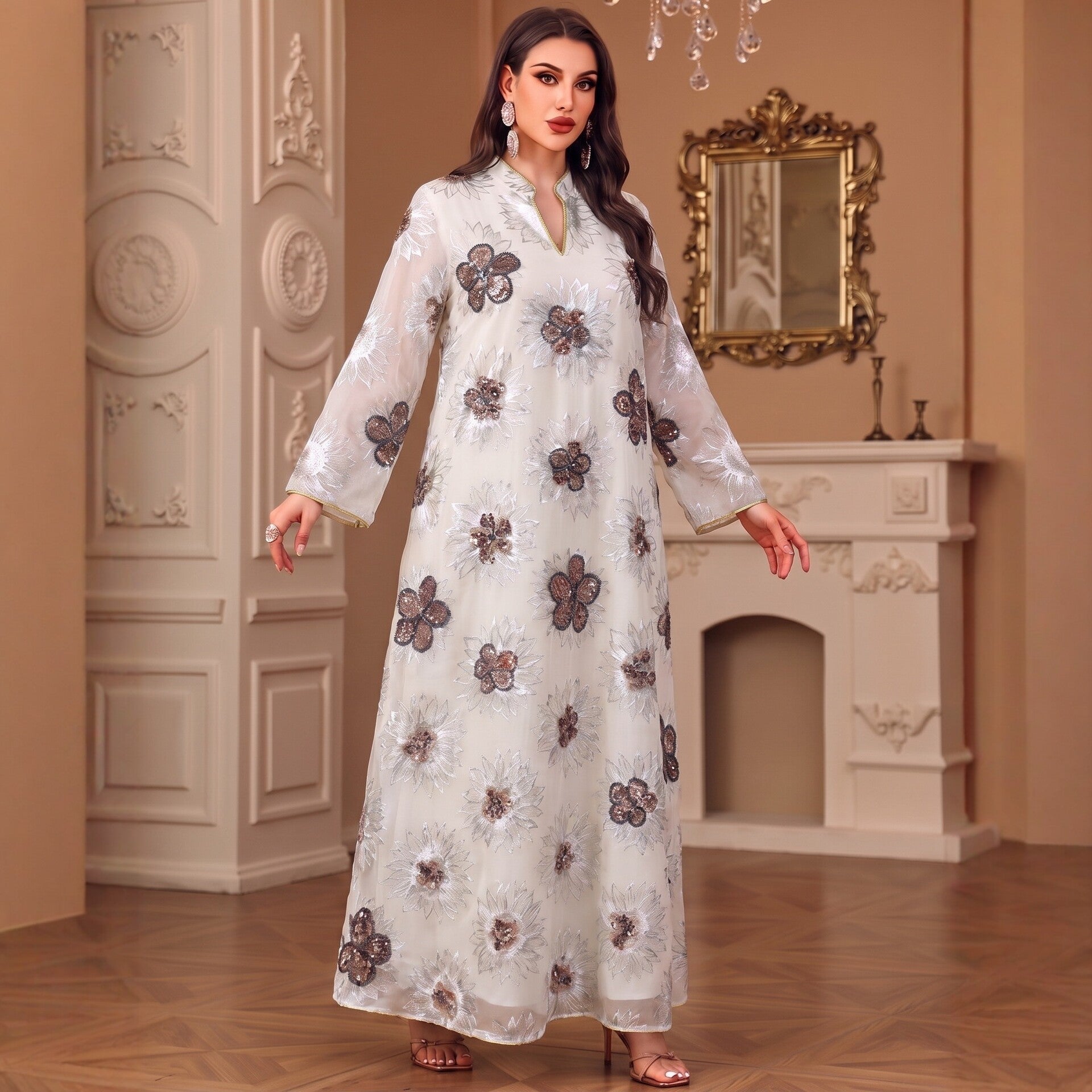 Green Lotus Pink White V-Neck Beaded Ethnic Print Maxi Abaya Dress