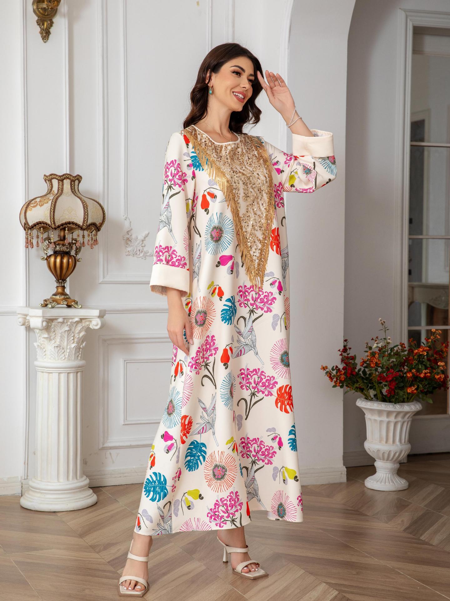 Ivory Floral Print V-Neck Maxi Abaya - Modest Long Dress for Women