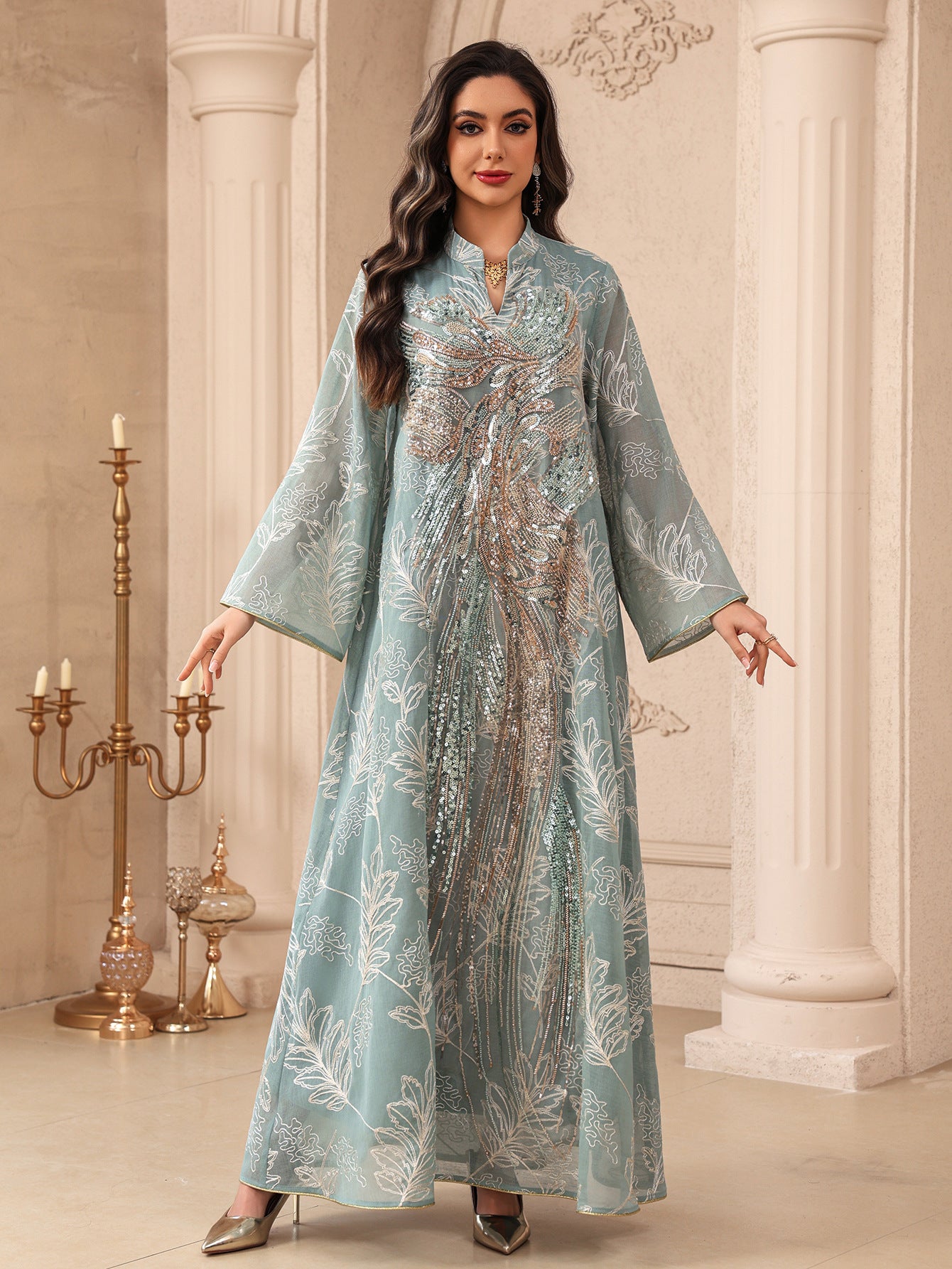 Elegant Oversized Wide Flare Sleeve Muslim Long Robe For Ladies Handcrafted Phoenix Sequins Embroidery Light See-through Leaf Print Abaya Four Shades Formal Ceremony Gown