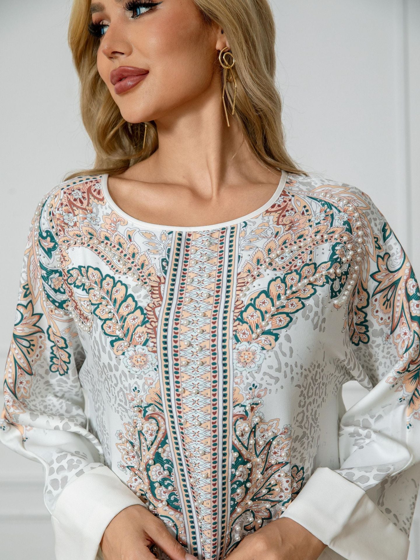 White Floral Print Mandarin Collar Rhinestone Plus Size Maxi Abaya Dress