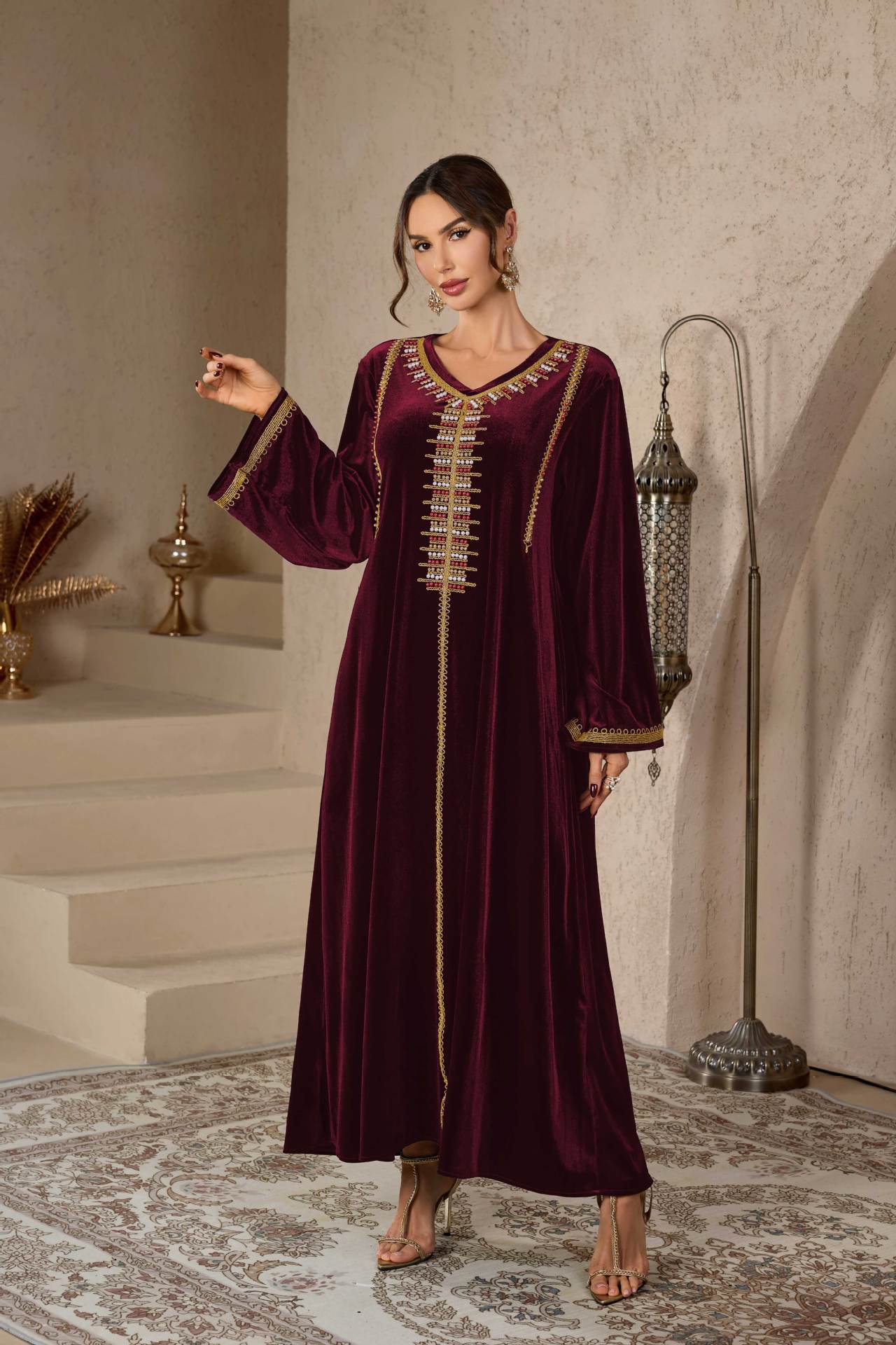 V-Neck Floral Embroidered Kaftan Dress Jalabiya Modest Long Maxi Dress for Muslim Women Eid Ramadan Formal Party S-XXL