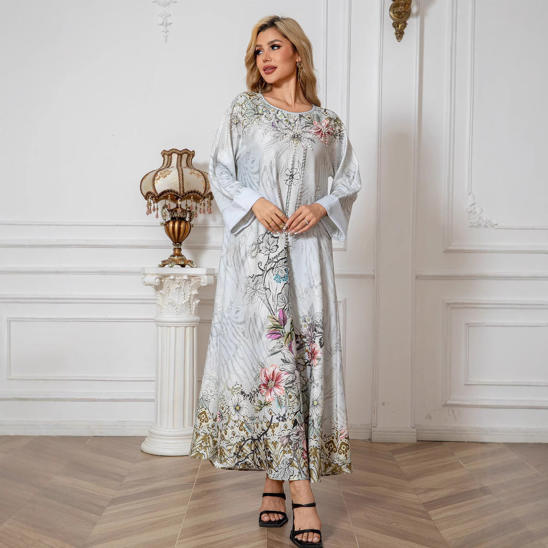 Light Grey Printed Beaded Abaya - Rhinestone Modest Maxi Dress